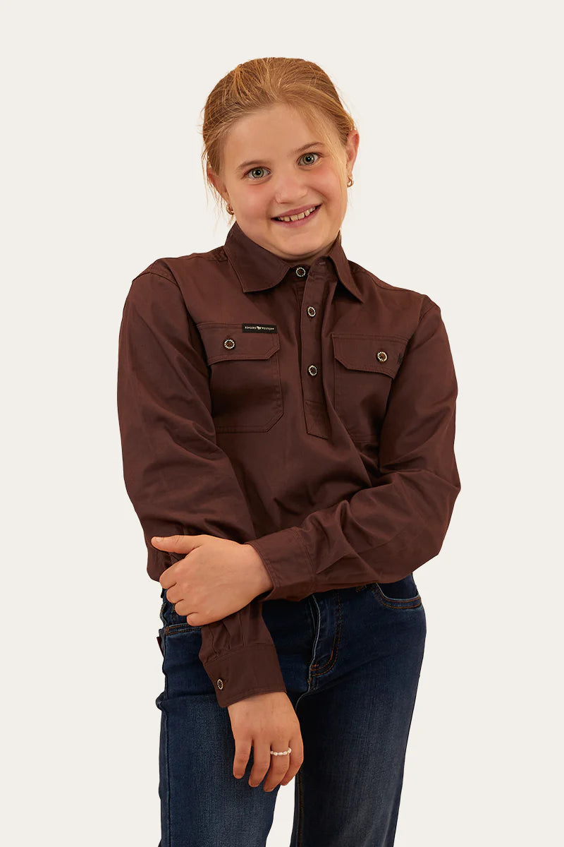 Ord River Kids Half Button Work Shirt - Chocolate