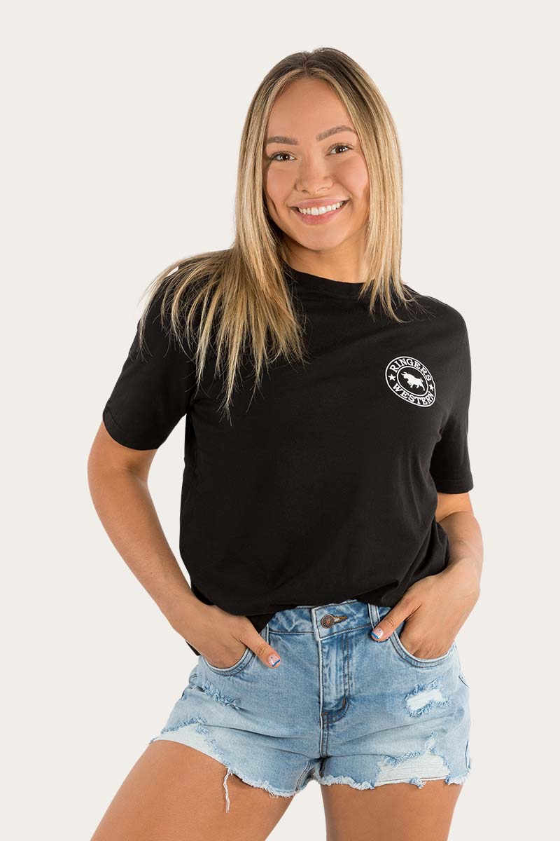Signature Bull Womens Loose Fit T-Shirt - Black/White - Ringers Western Toowoomba