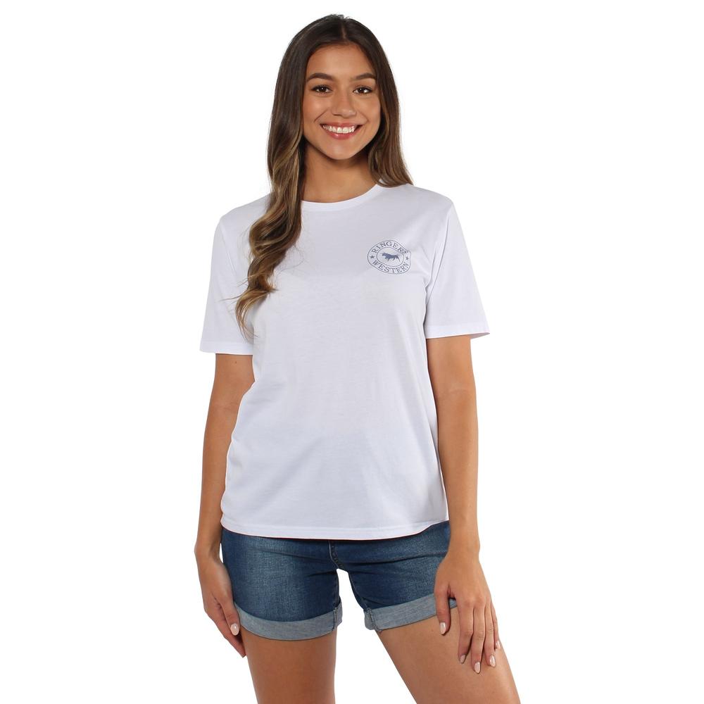Signature Bull Womens Loose Fit T-Shirt - White With Faded Denim Print - Ringers Western Toowoomba