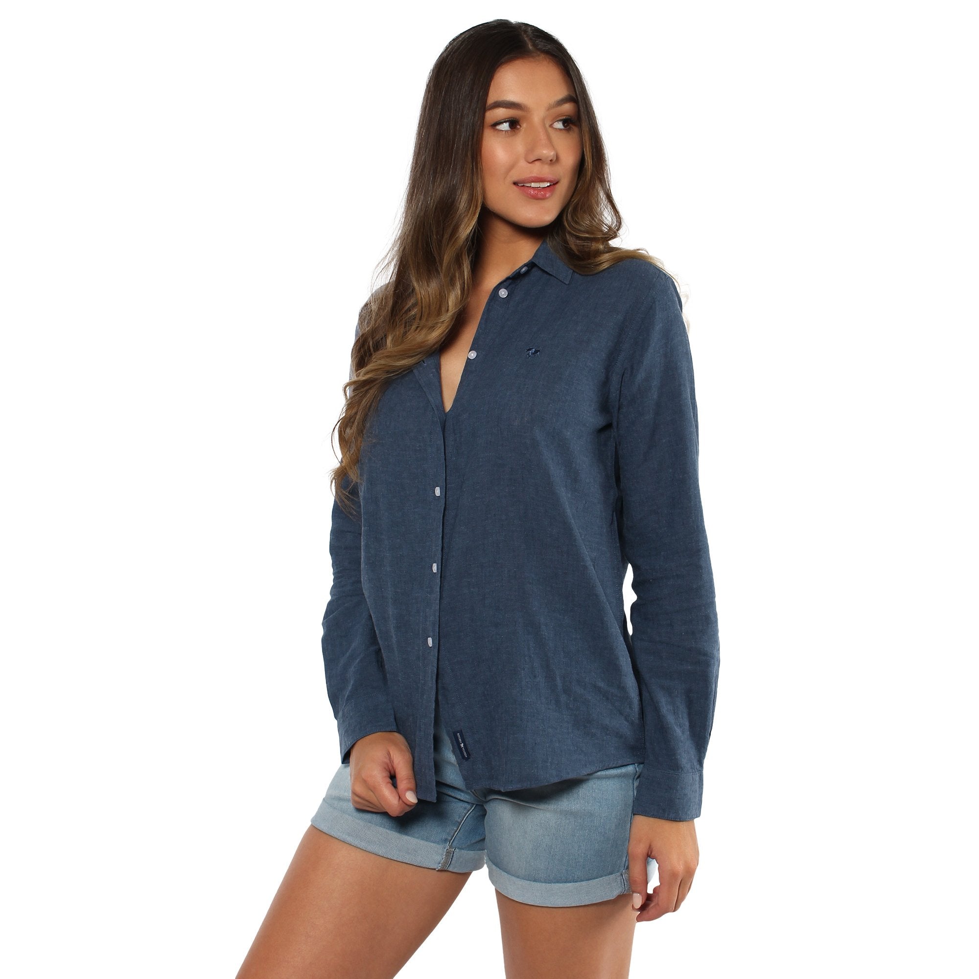 HAYLEY WOMENS RELAXED LINEN DRESS SHIRT - STEEL BLUE - Ringers Western Toowoomba