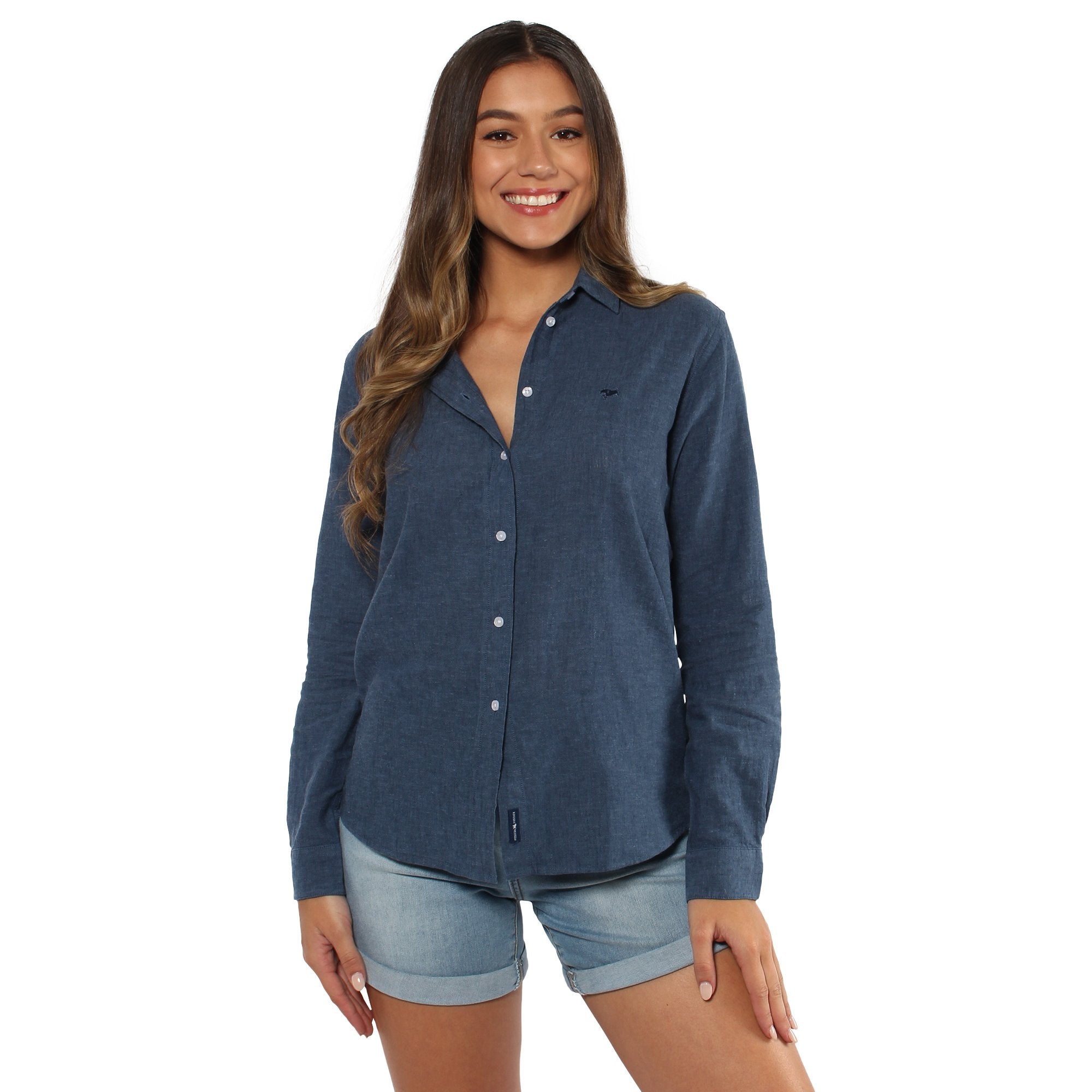 HAYLEY WOMENS RELAXED LINEN DRESS SHIRT - STEEL BLUE - Ringers Western Toowoomba