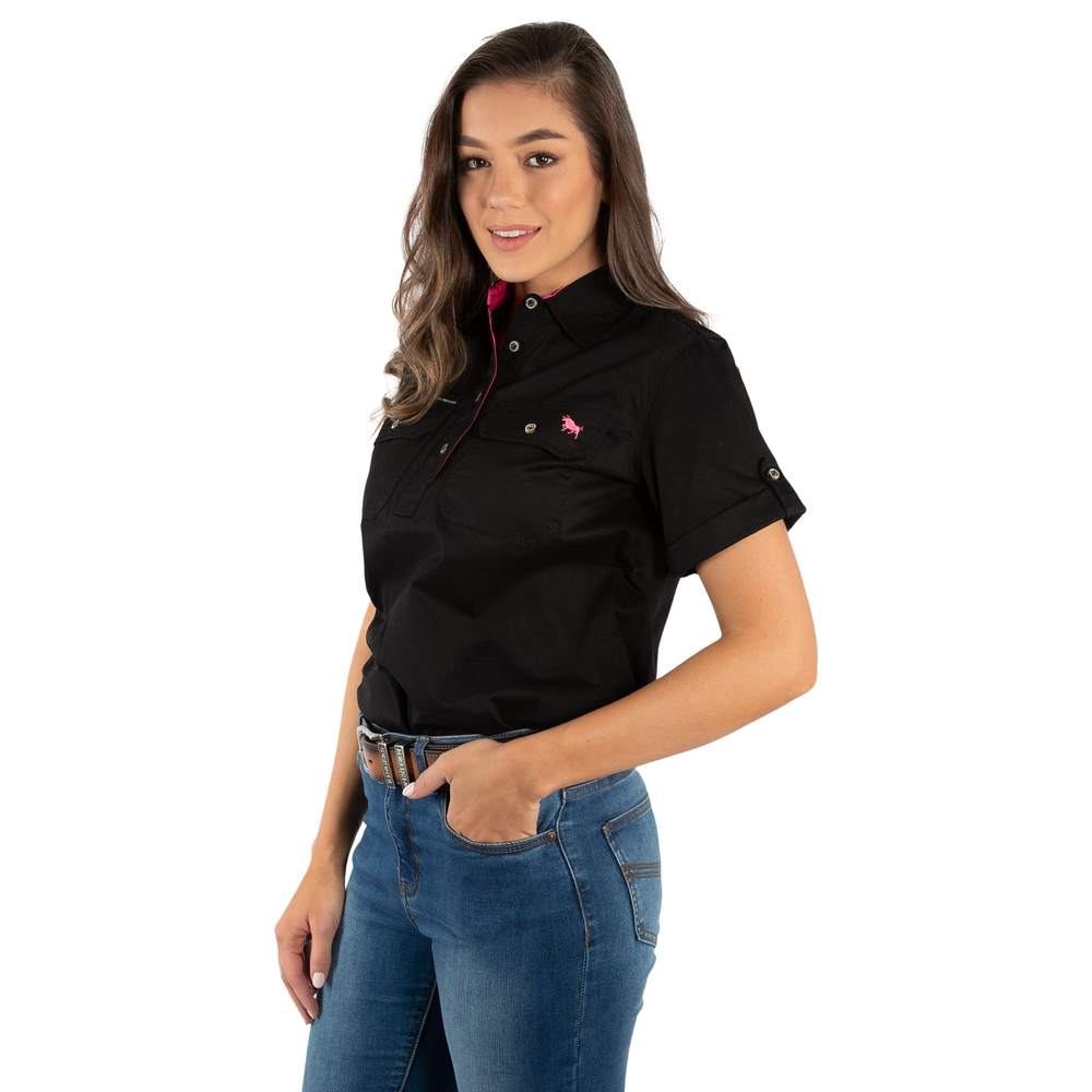 Jules Womens Half Button Short Sleeve Work Shirt - Black/Melon - Ringers Western Toowoomba