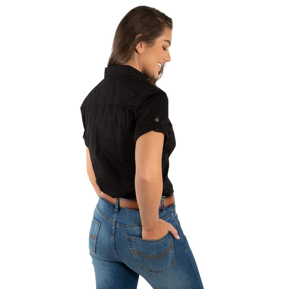 Jules Womens Half Button Short Sleeve Work Shirt - Black/Melon - Ringers Western Toowoomba