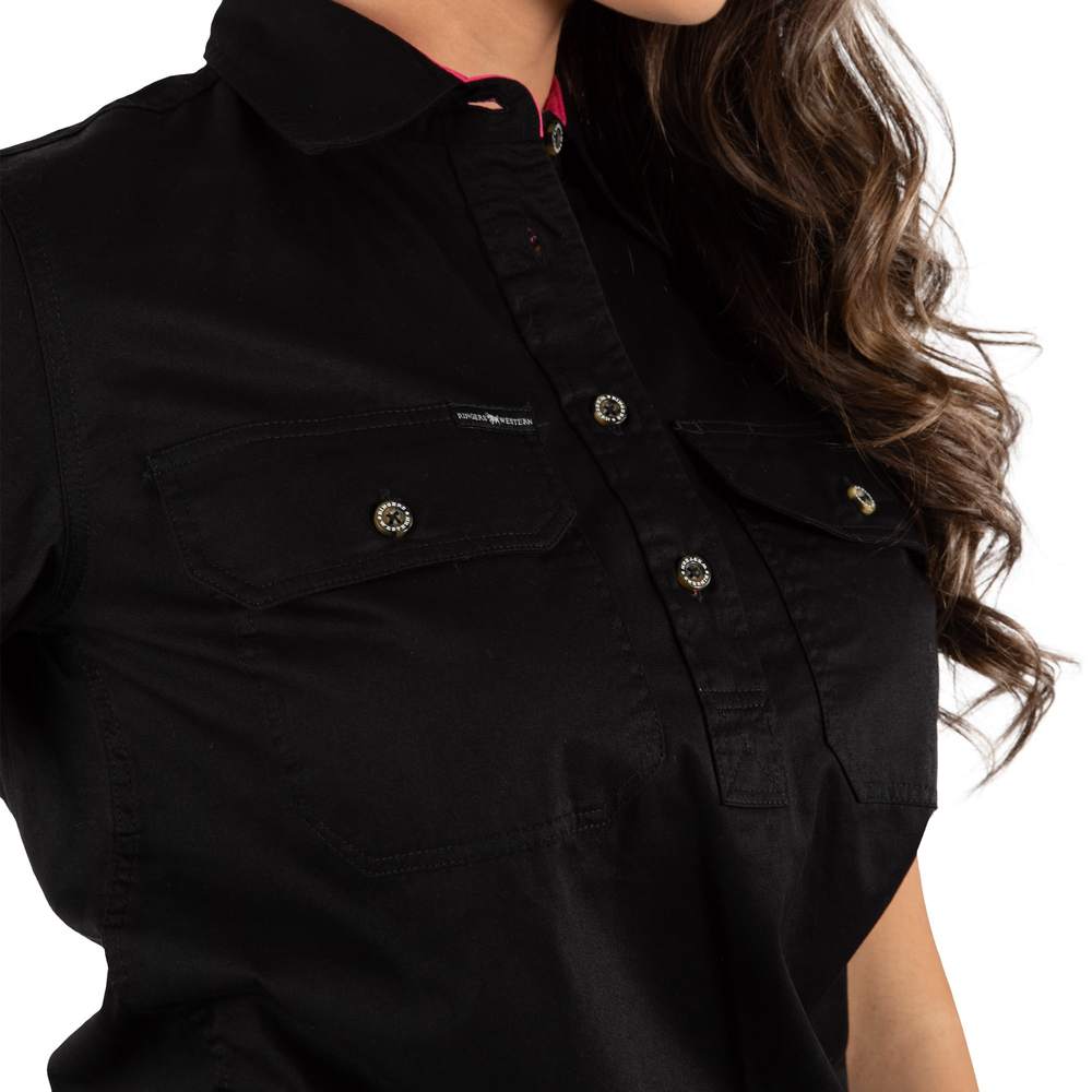 Jules Womens Half Button Short Sleeve Work Shirt - Black/Melon - Ringers Western Toowoomba