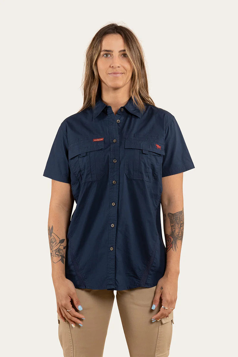Ashburton Womens Ripstop Full Button Short Sleeve Work Shirt - Dark Navy