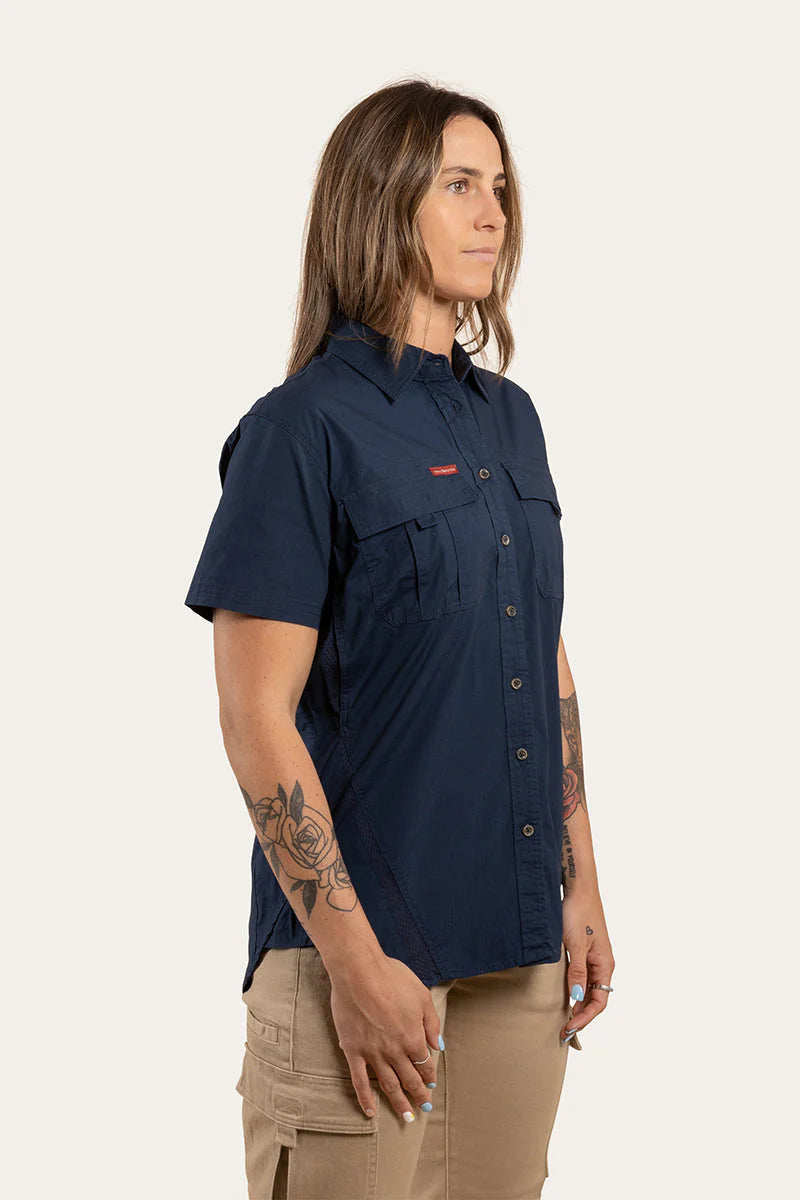Ashburton Womens Ripstop Full Button Short Sleeve Work Shirt - Dark Navy