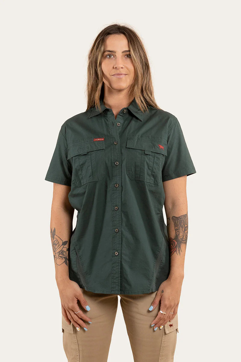Ashburton Womens Ripstop Full Button Short Sleeve Work Shirt- Forest Green