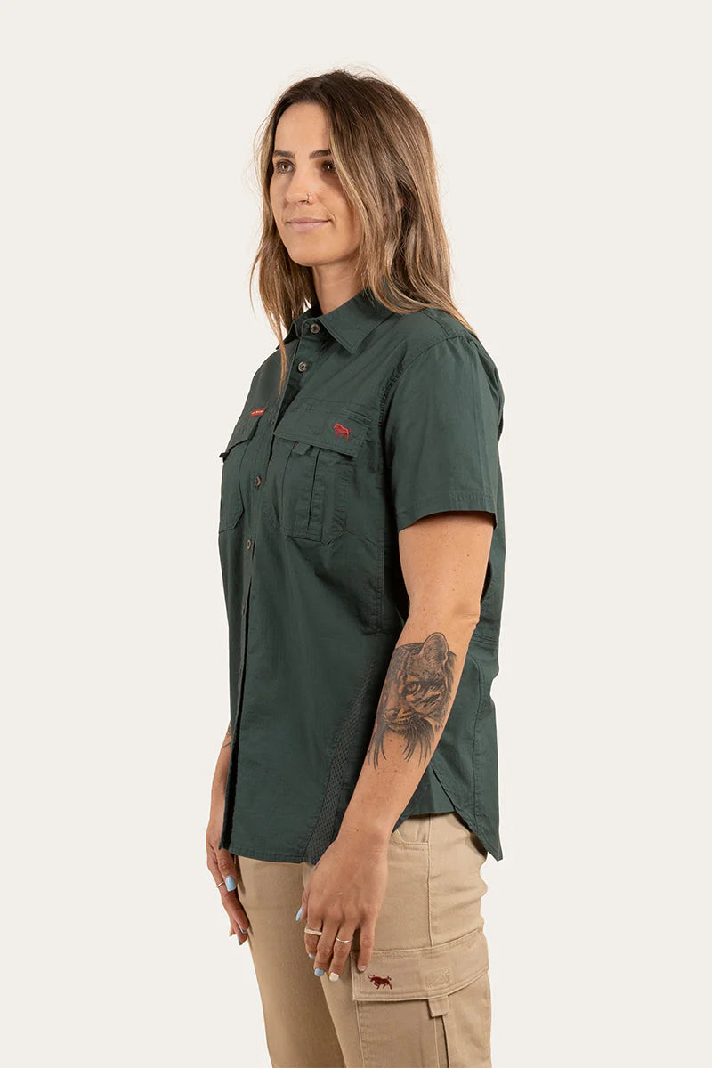 Ashburton Womens Ripstop Full Button Short Sleeve Work Shirt- Forest Green
