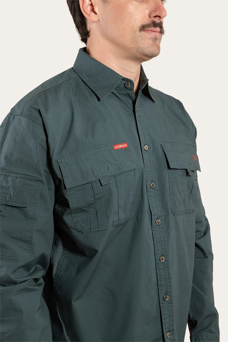 Pilbara Mens Ripstop Full Button Work Shirt - Forest