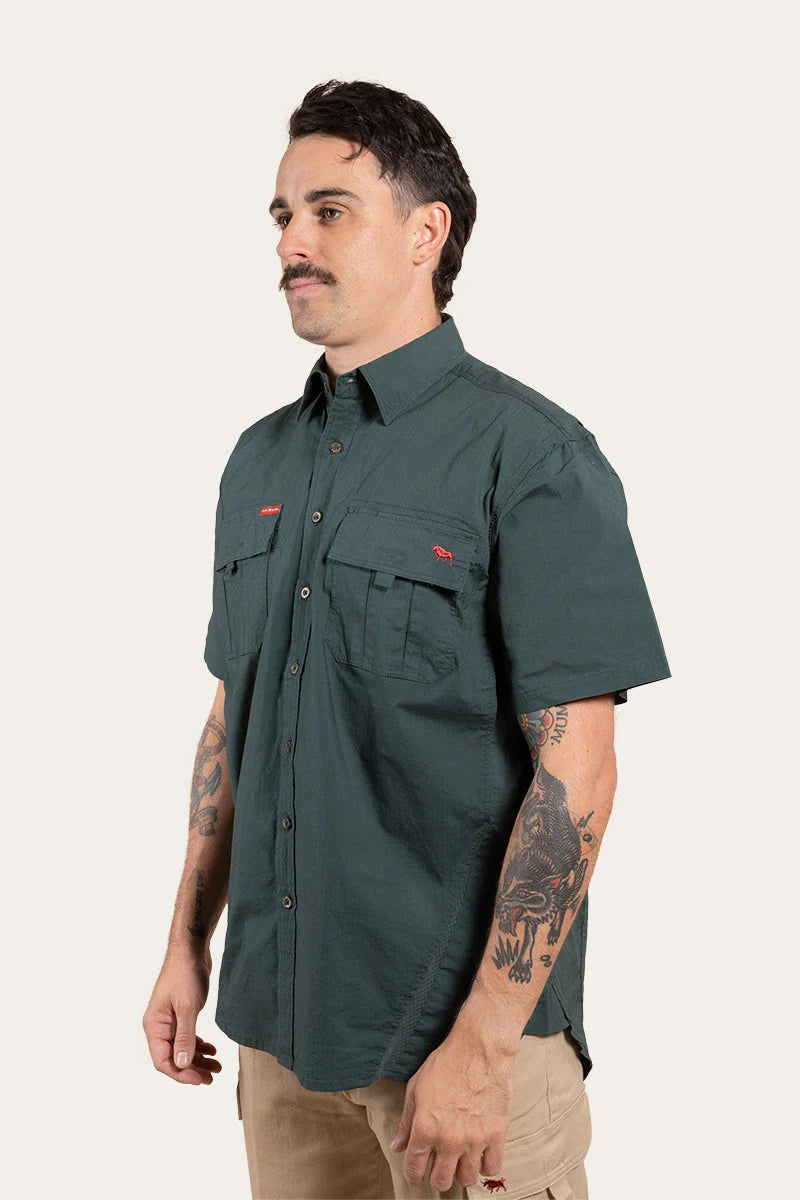 Bulgarra Mens Ripstop Full Button Short Sleeve Work Shirt - Forest Green