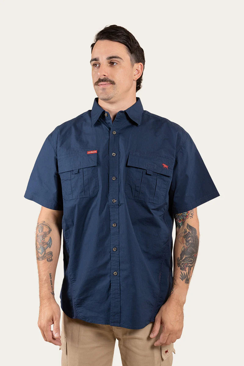 Bulgarra Mens Ripstop Full Button Short Sleeve Work Shirt - Dark Navy
