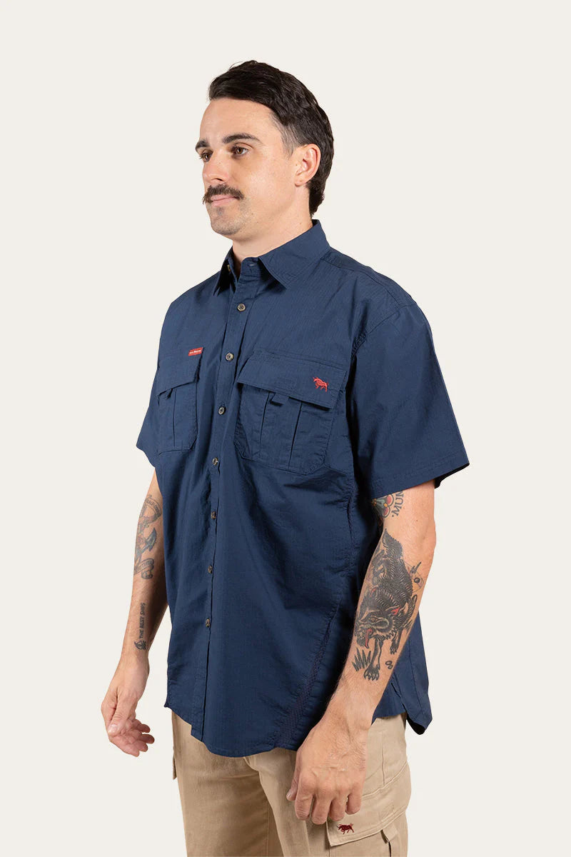 Bulgarra Mens Ripstop Full Button Short Sleeve Work Shirt - Dark Navy