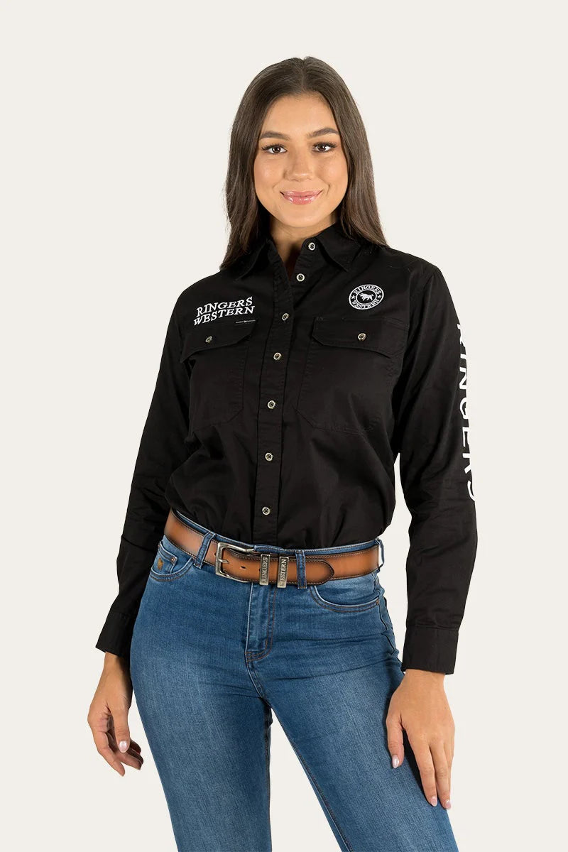 Signature Jillaroo Womens Full Button Work Shirt- Black With White Embroidery