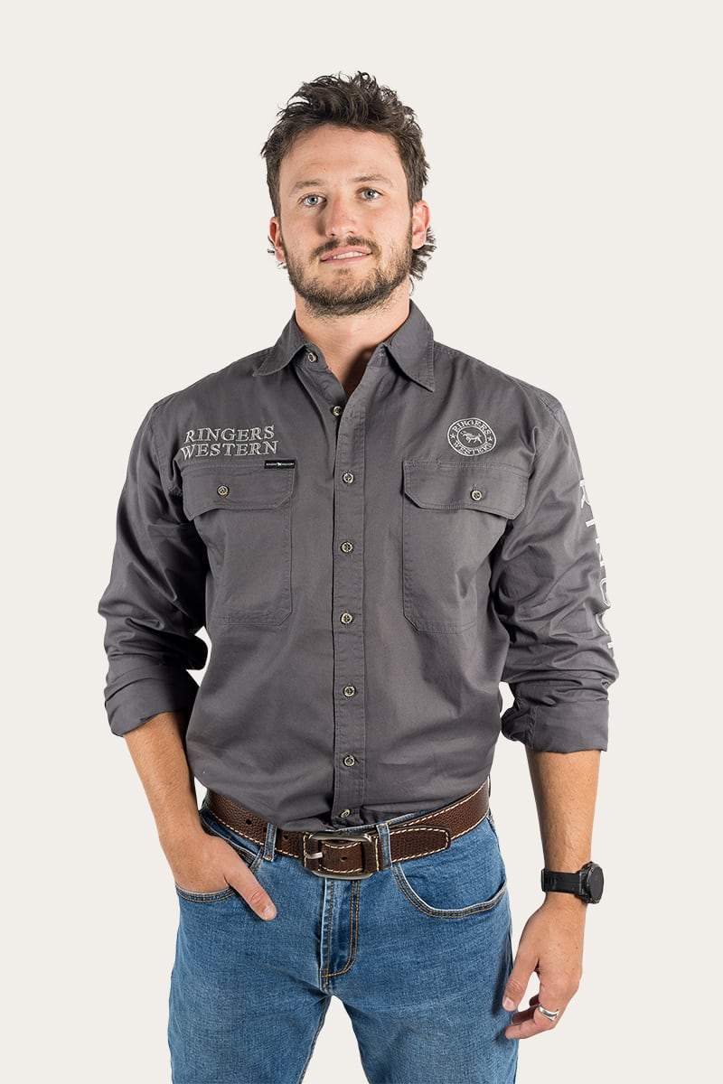 Hawkeye Mens Full Button Work Shirt - Magnum With Ultimate Grey Embroidery