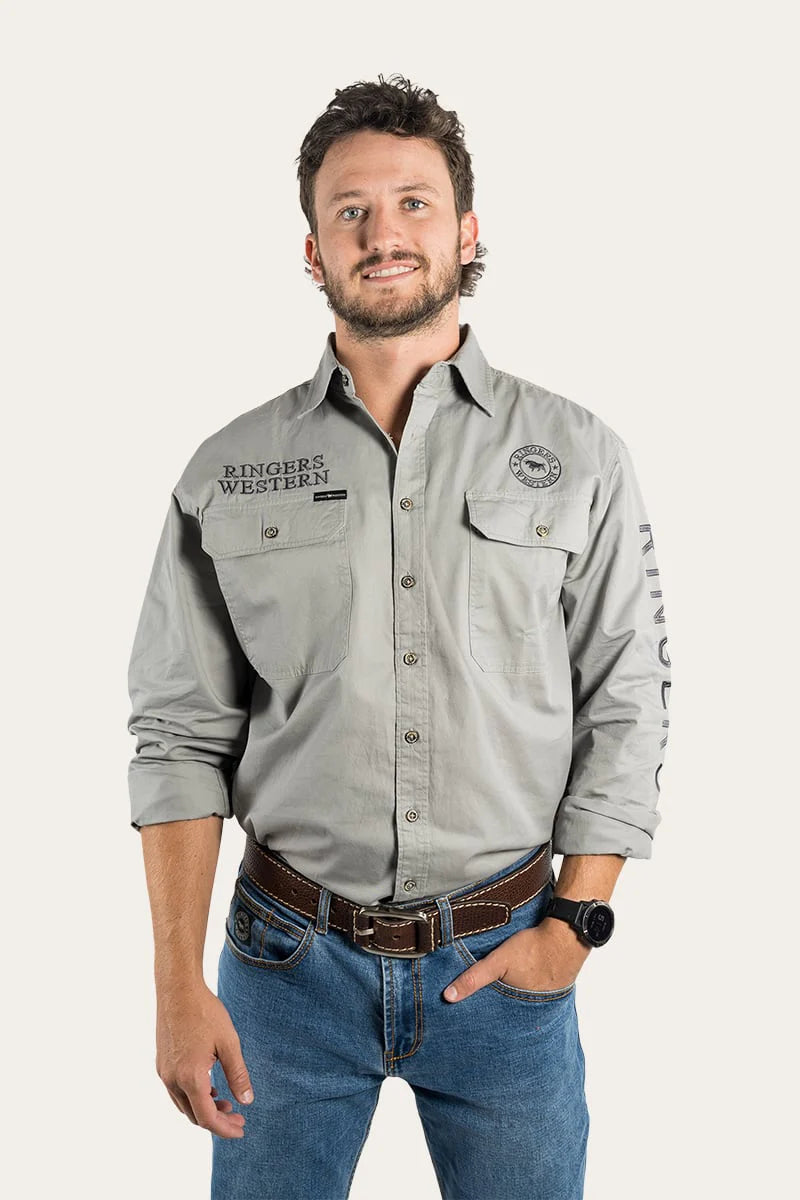 Hawkeye Mens Full Button Work Shirt - Ultimate Grey With Magnum Embroidery