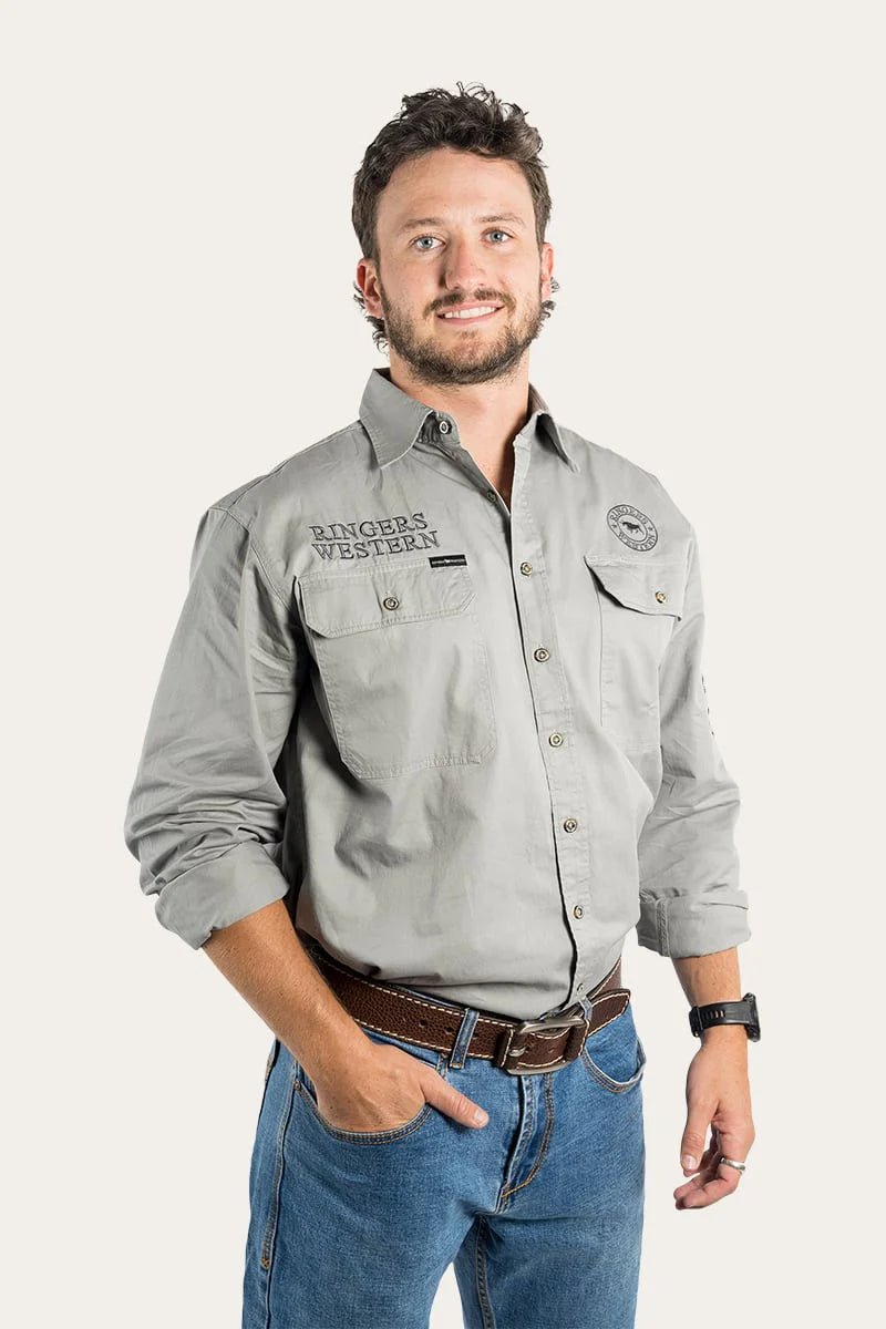 Hawkeye Mens Full Button Work Shirt - Ultimate Grey With Magnum Embroidery