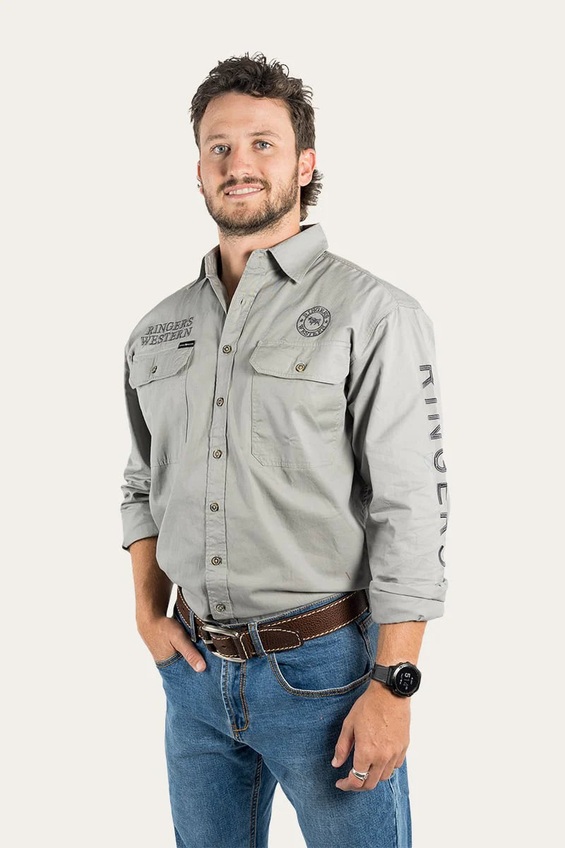 Hawkeye Mens Full Button Work Shirt - Ultimate Grey With Magnum Embroidery