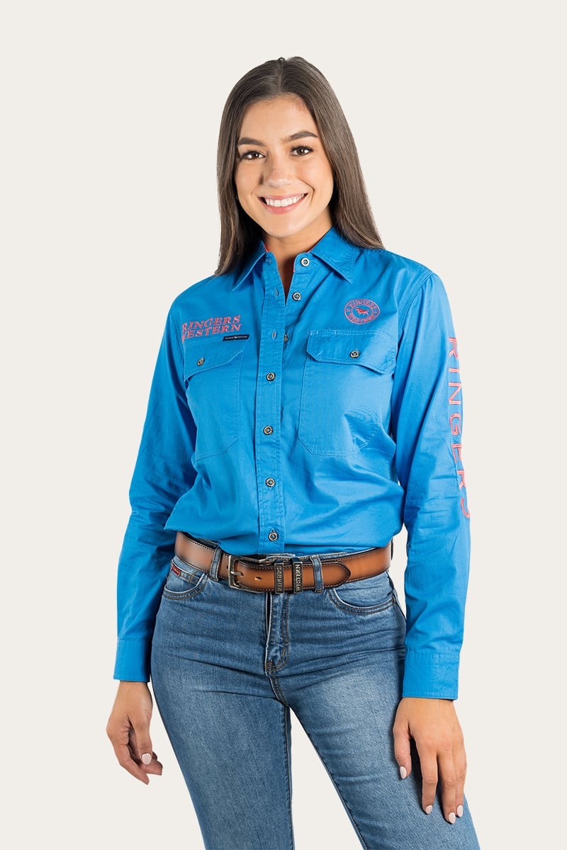 Signature Jillaroo Womens Full Button Work Shirt - French Blue With Camelia Rose Embroidery