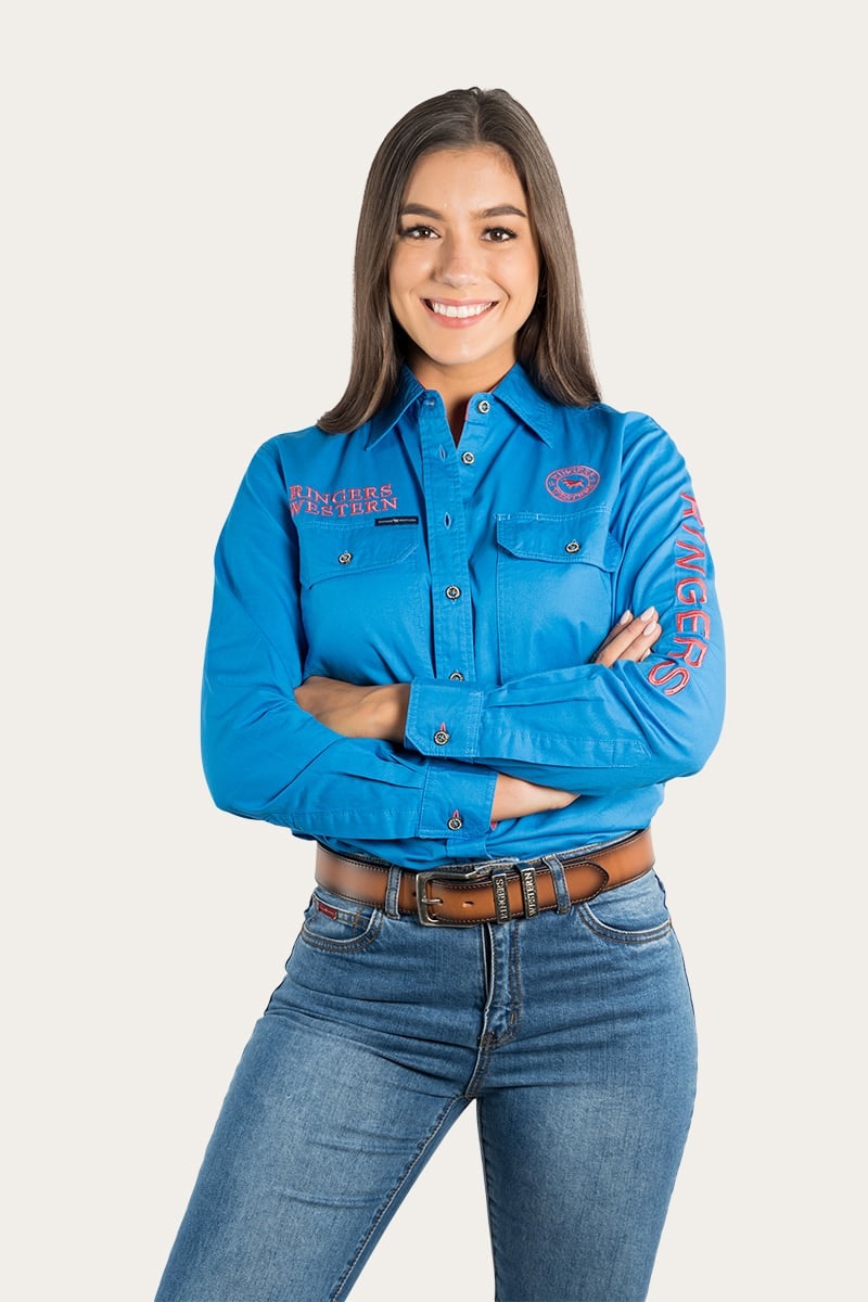 Signature Jillaroo Womens Full Button Work Shirt - French Blue With Camelia Rose Embroidery