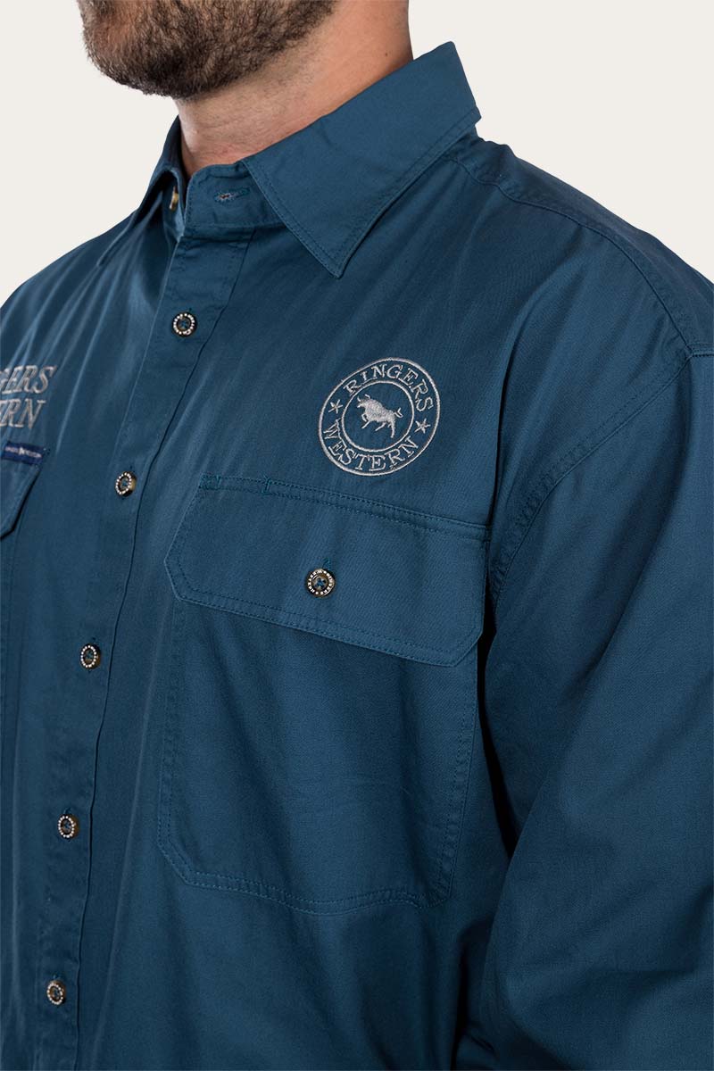 Hawkeye Mens Full Button Work Shirt - Petrol Blue/Ultimate Gray
