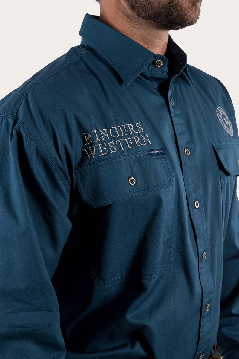 Hawkeye Mens Full Button Work Shirt - Petrol Blue/Ultimate Gray