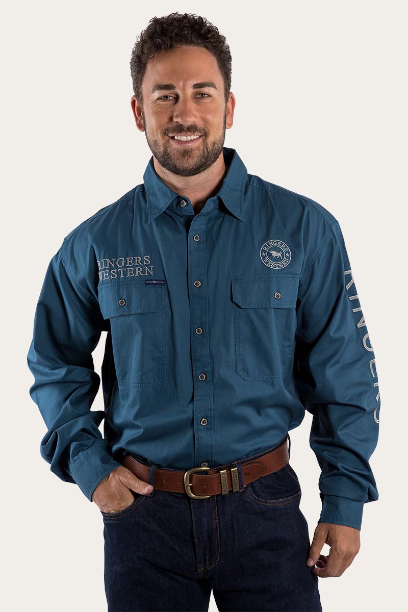 Hawkeye Mens Full Button Work Shirt - Petrol Blue/Ultimate Gray