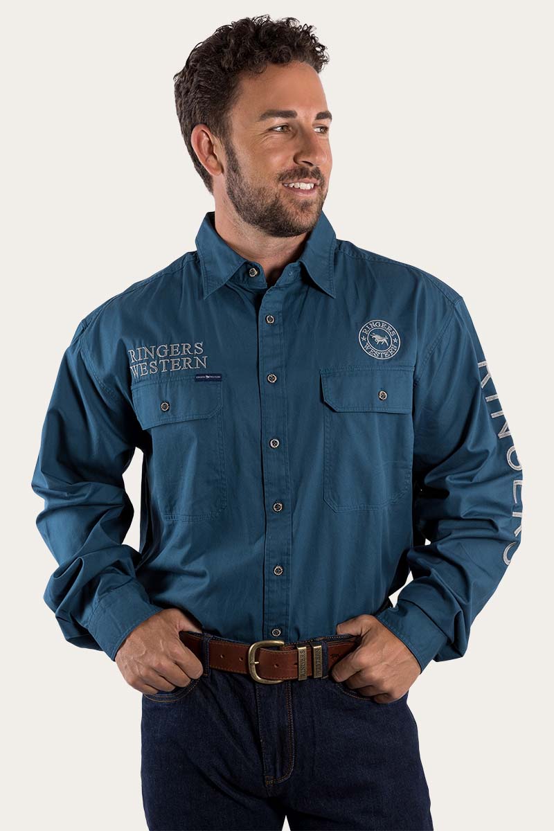 Hawkeye Mens Full Button Work Shirt - Petrol Blue/Ultimate Gray