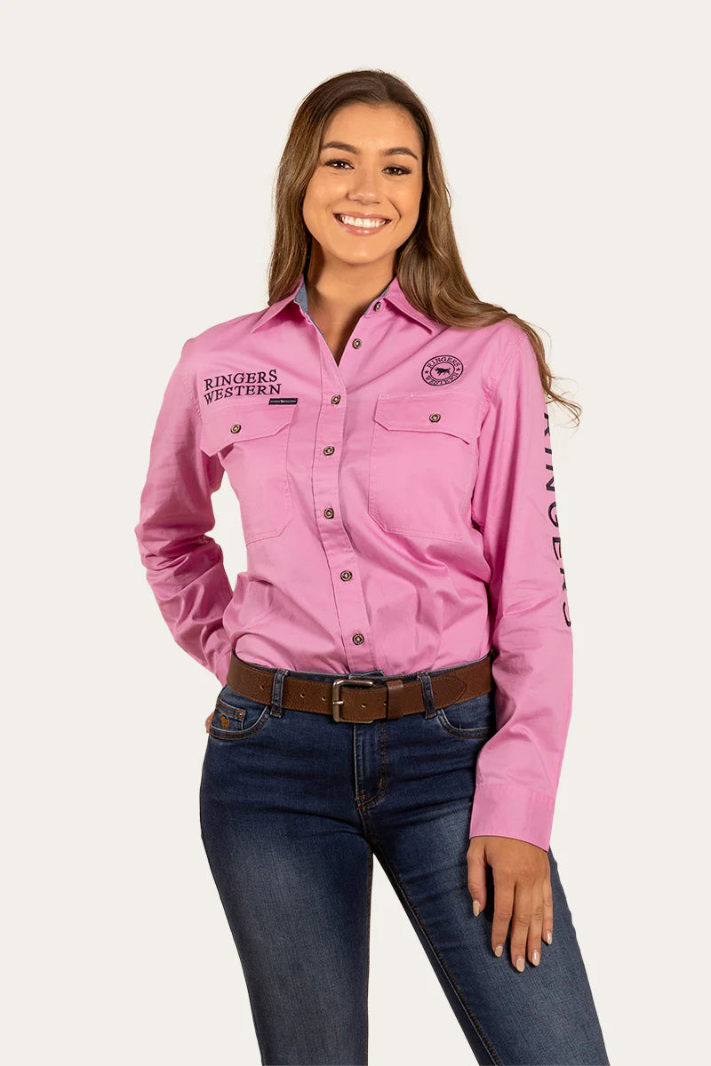Signature Jillaroo Womens Full Button Work Shirt- Pastel Pink/Navy