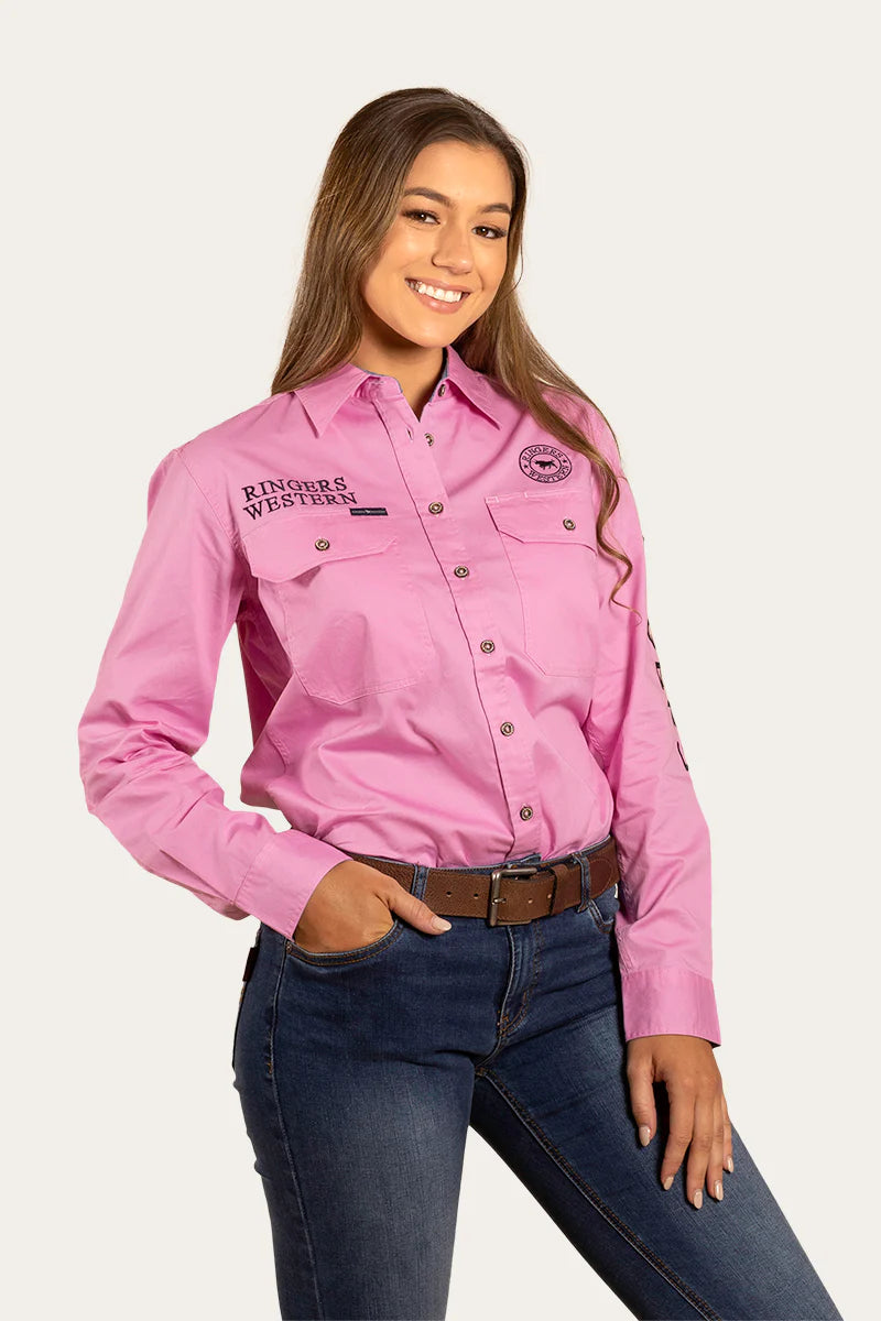Signature Jillaroo Womens Full Button Work Shirt- Pastel Pink/Navy