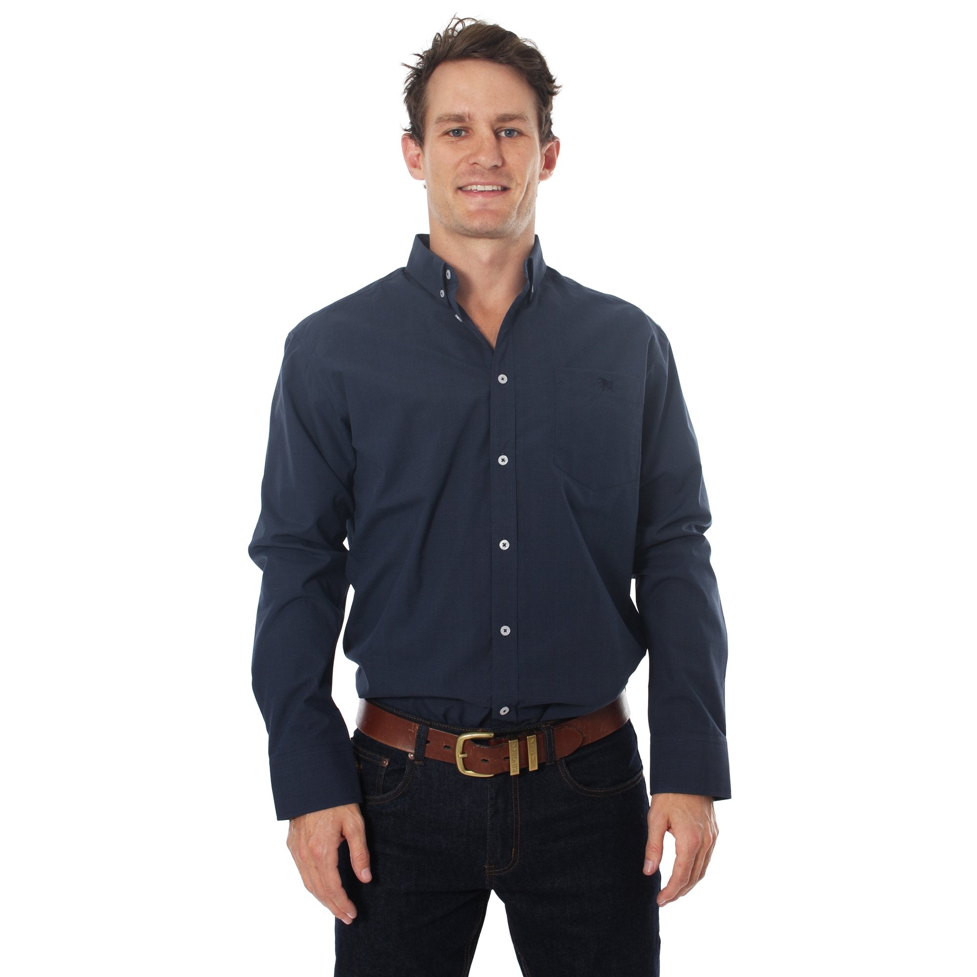 Territory Mens Wales Check Dress Shirt Navy/Steele - Ringers Western Toowoomba