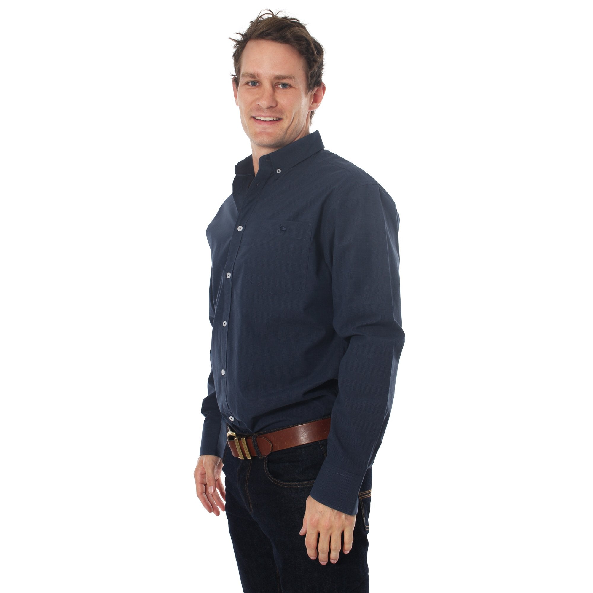 Territory Mens Wales Check Dress Shirt Navy/Steele - Ringers Western Toowoomba