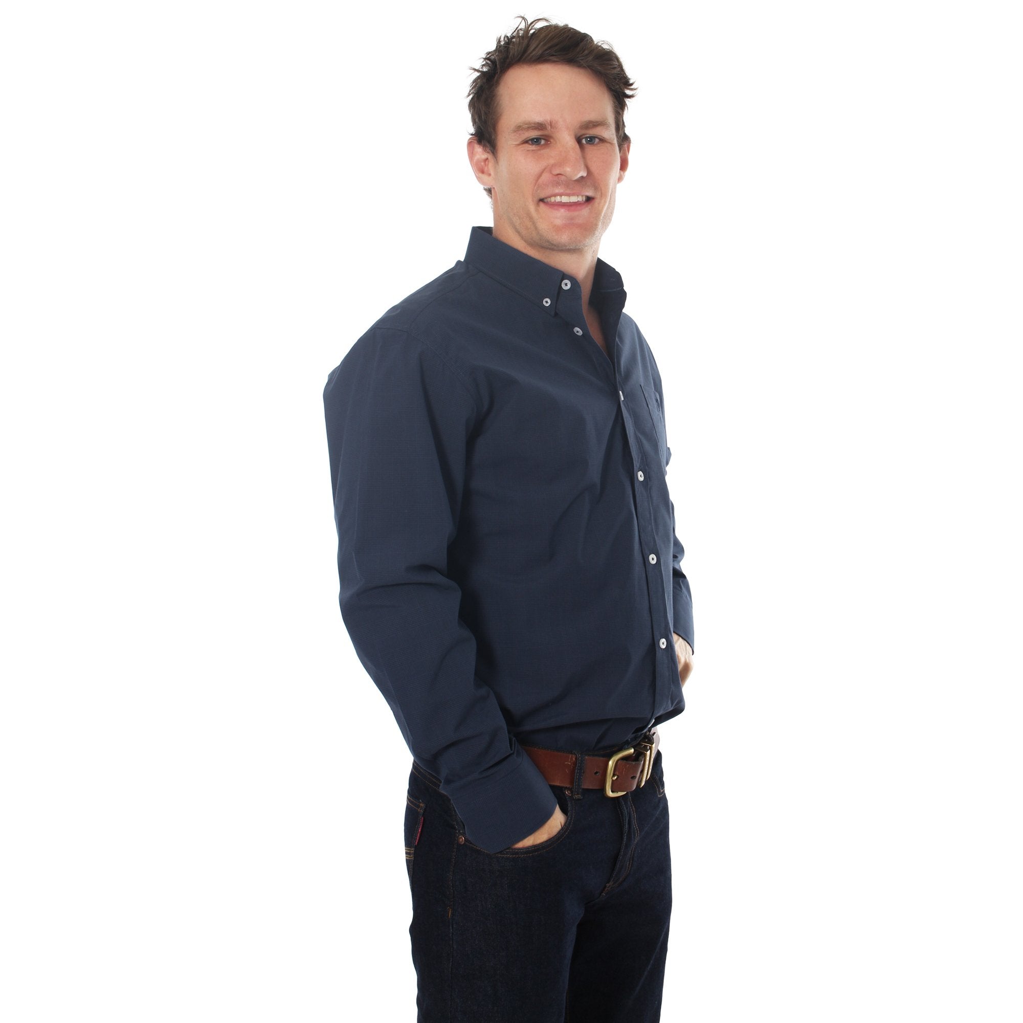 Territory Mens Wales Check Dress Shirt Navy/Steele - Ringers Western Toowoomba