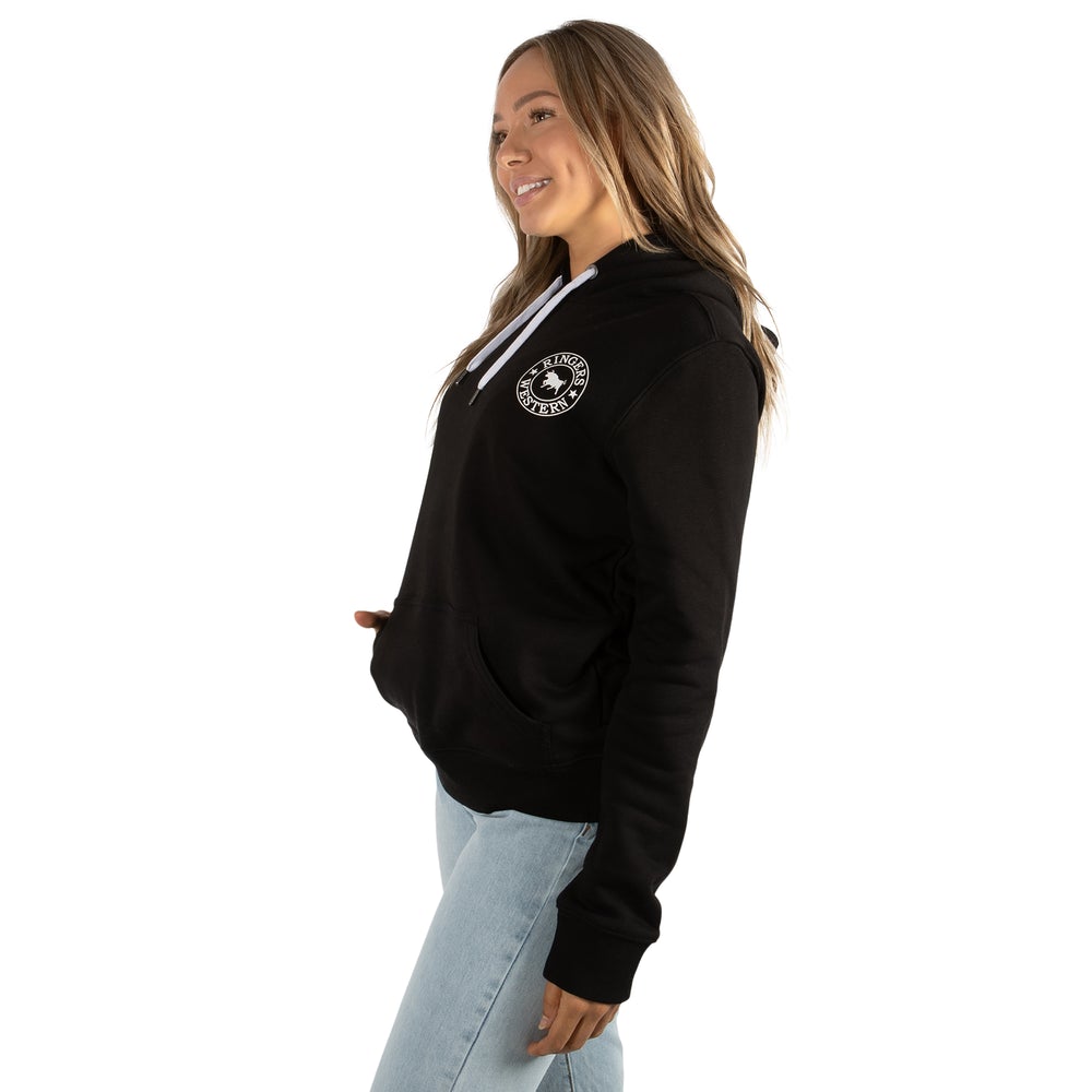 Signature Bull Womens Pullover Hoodie - Black With White Print