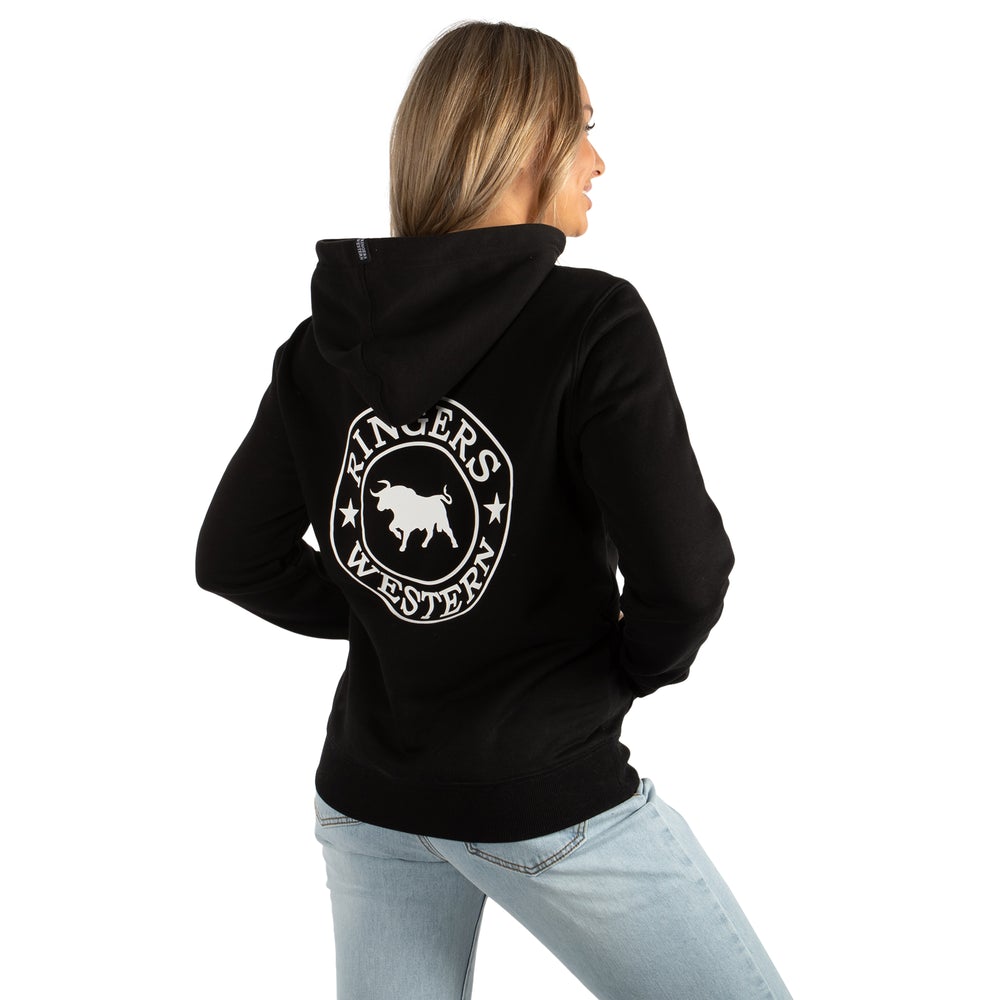 Signature Bull Womens Pullover Hoodie - Black With White Print