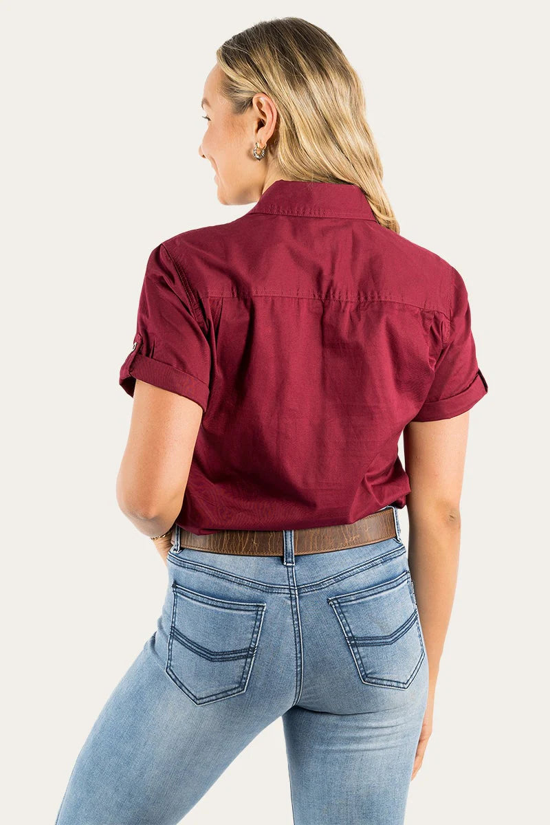 Jules Womens Half Button Short Sleeve Work Shirt- Burgundy