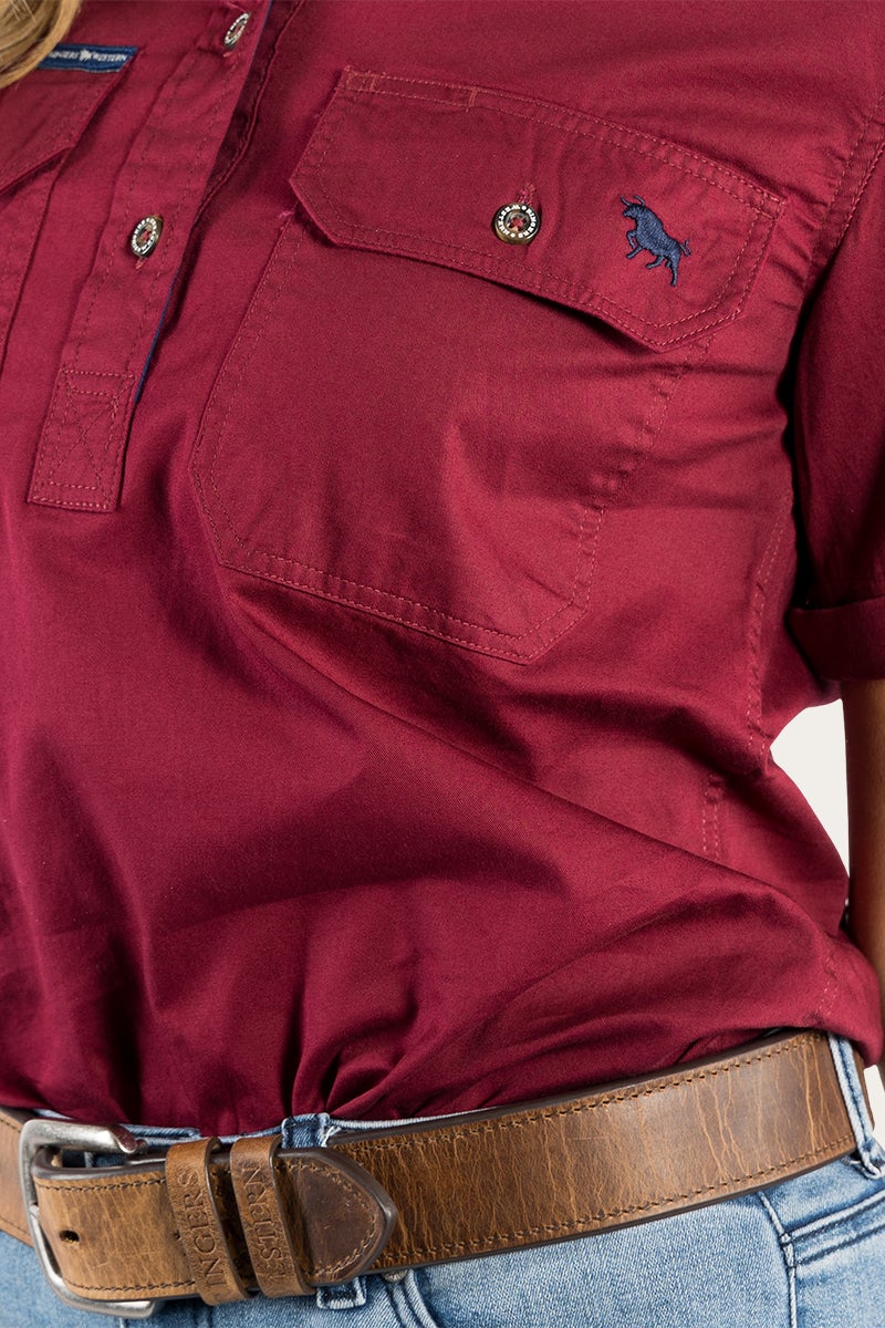 Jules Womens Half Button Short Sleeve Work Shirt- Burgundy