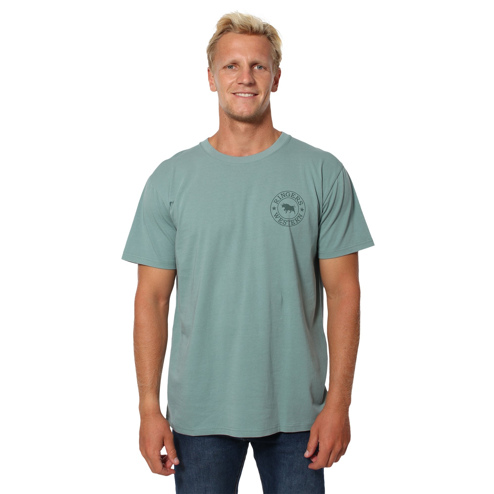 Signature Bull Mens Classic Fit T-Shirt - Sea Green With Soft Moss Print - Ringers Western Toowoomba