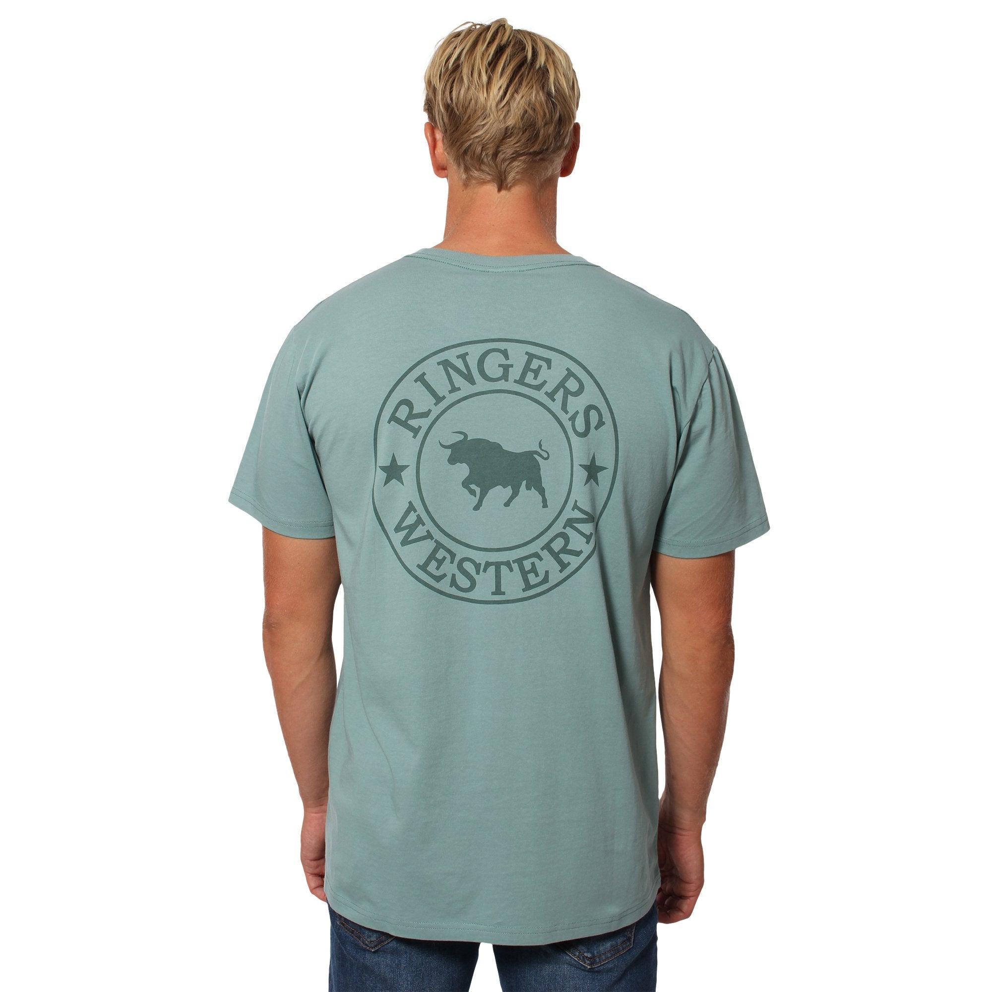 Signature Bull Mens Classic Fit T-Shirt - Sea Green With Soft Moss Print - Ringers Western Toowoomba