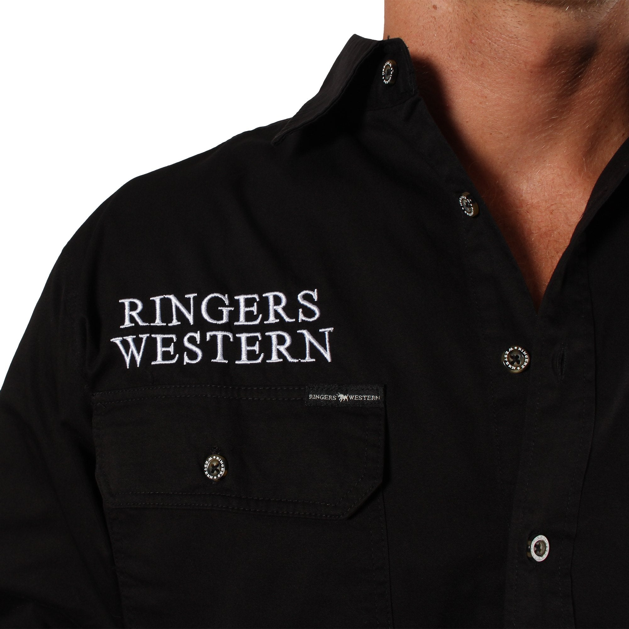 Hawkeye Mens Full Button Work Shirt - Black/White