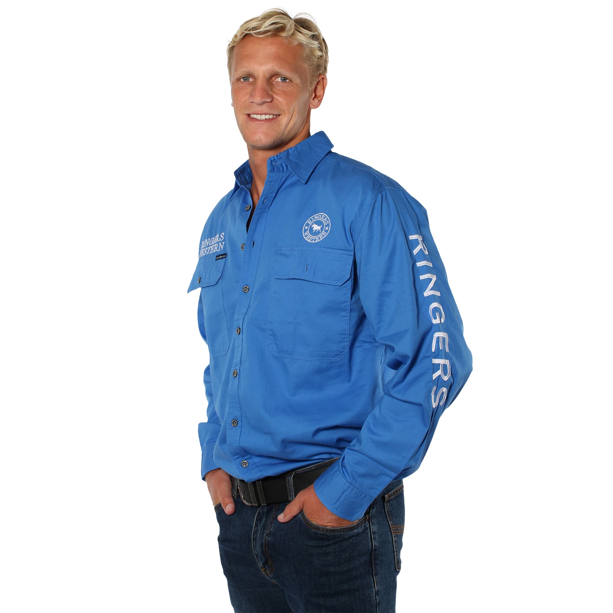 Hawkeye Mens Full Button Work Shirt - Blue/White