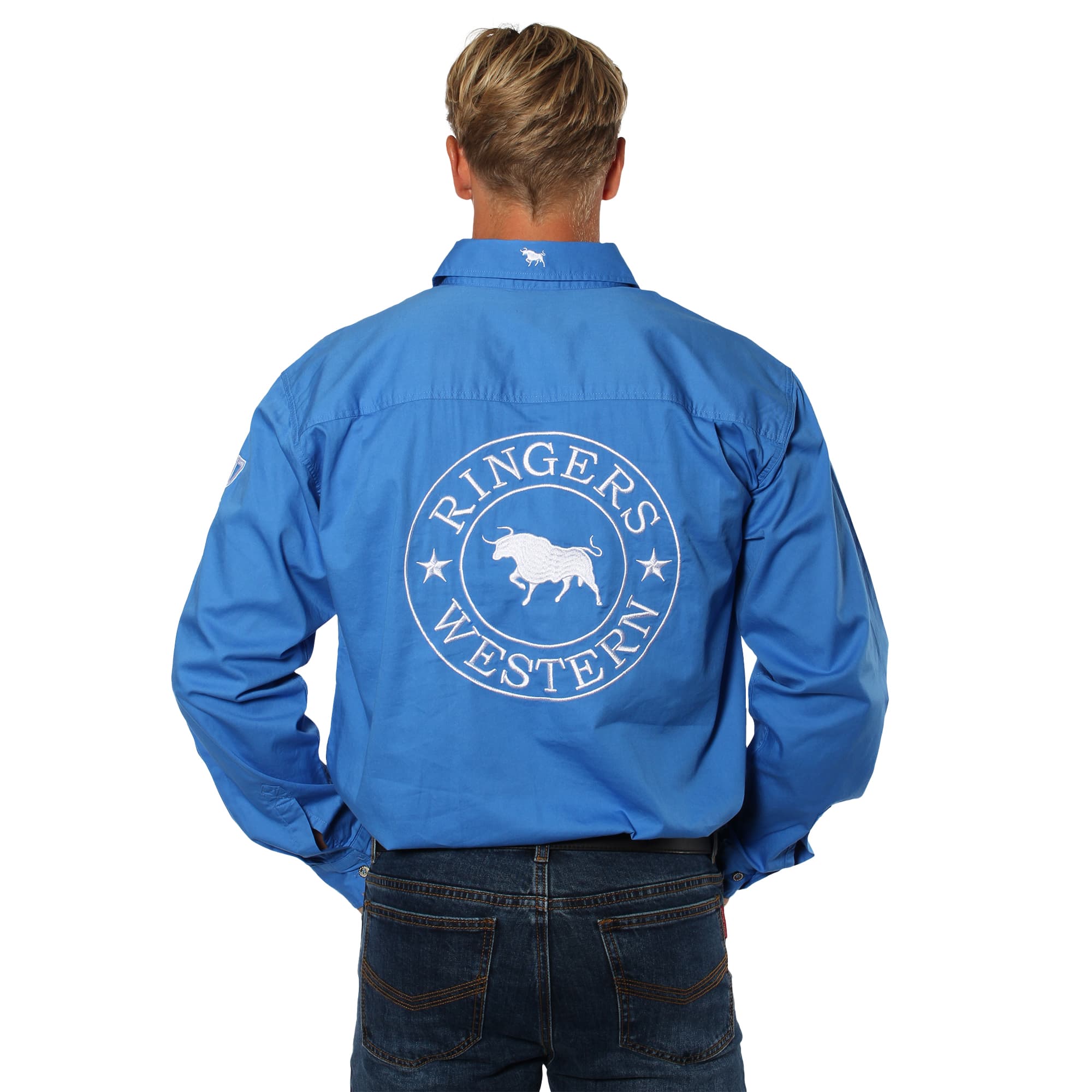 Hawkeye Mens Full Button Work Shirt - Blue/White