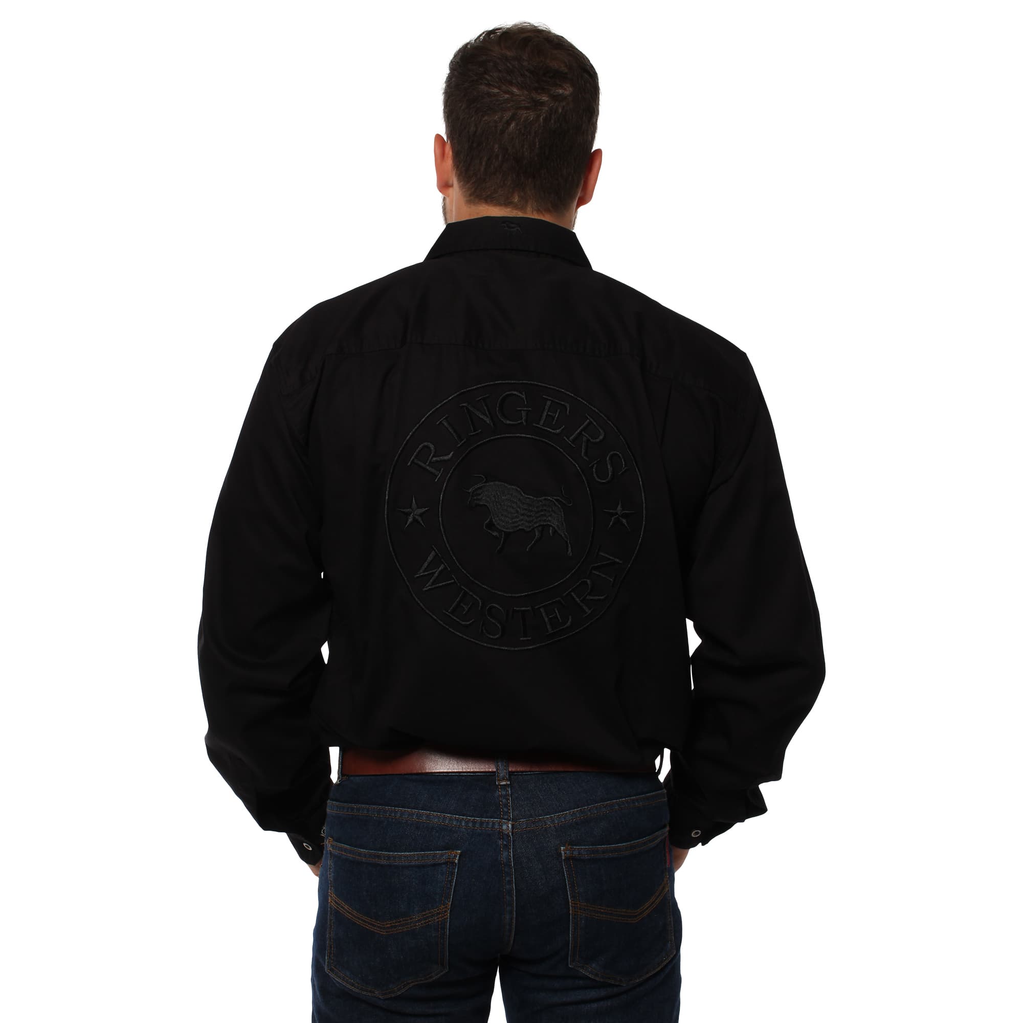 Hawkeye Mens Full Button Work Shirt - Black With Black Embroidery
