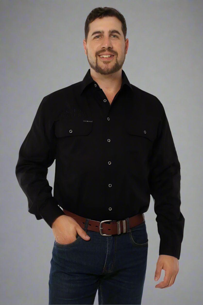 Hawkeye Mens Full Button Work Shirt - Black With Black Embroidery