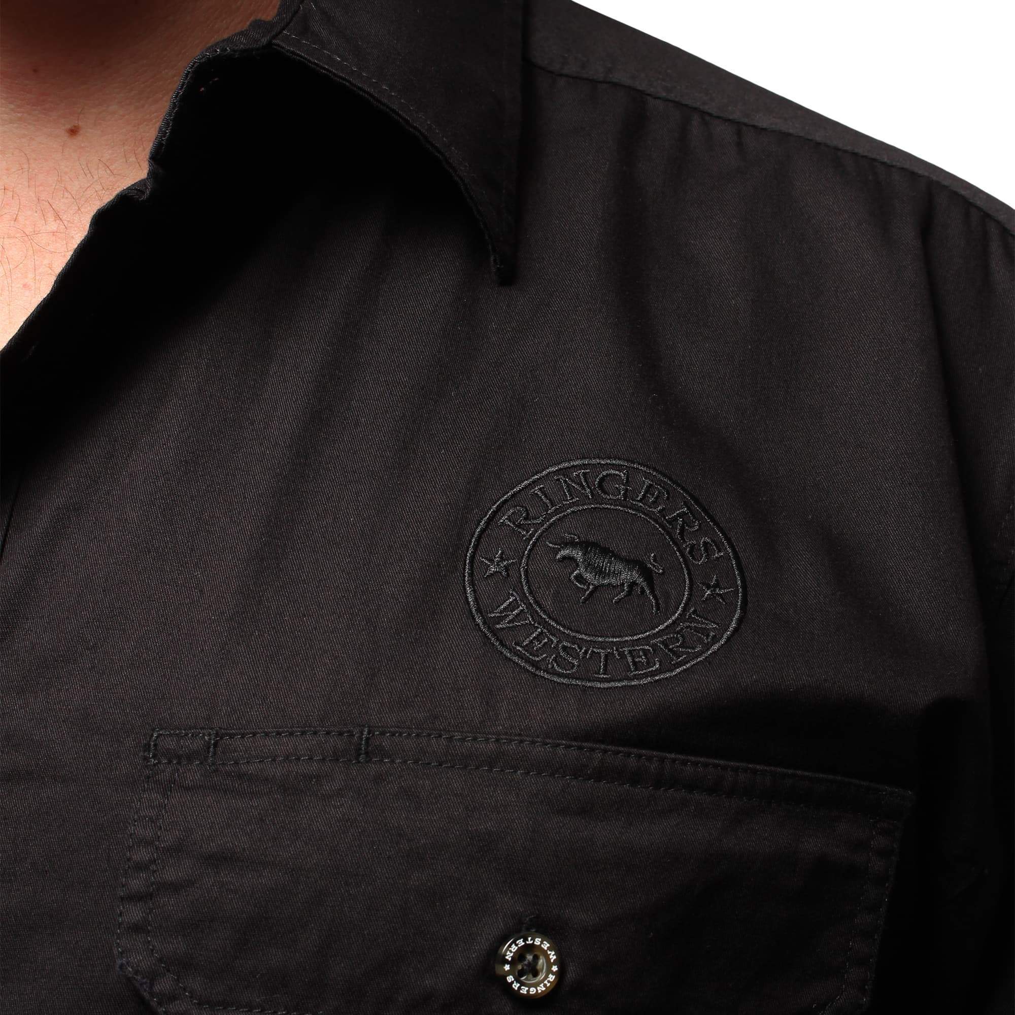 Hawkeye Mens Full Button Work Shirt - Black With Black Embroidery