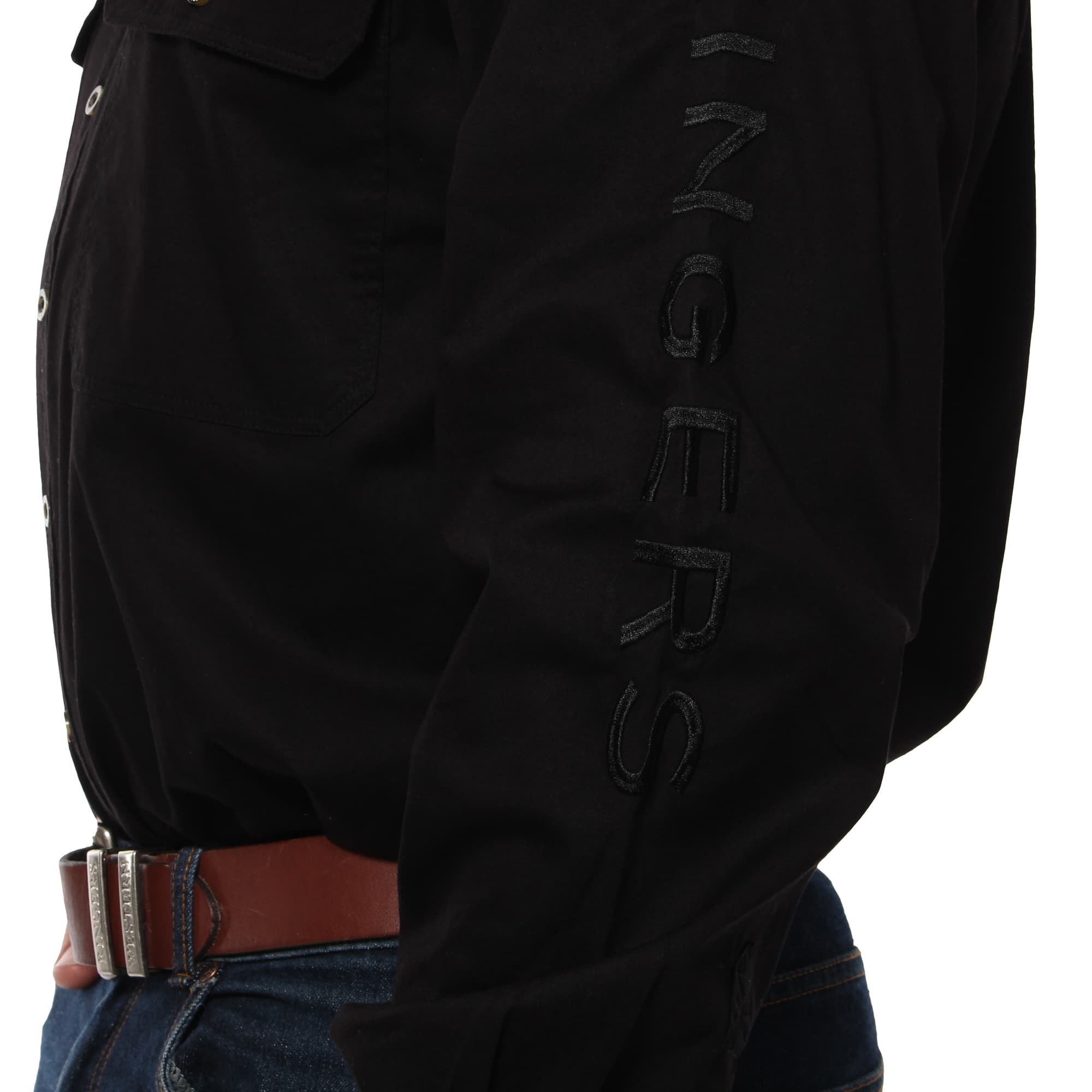 Hawkeye Mens Full Button Work Shirt - Black With Black Embroidery