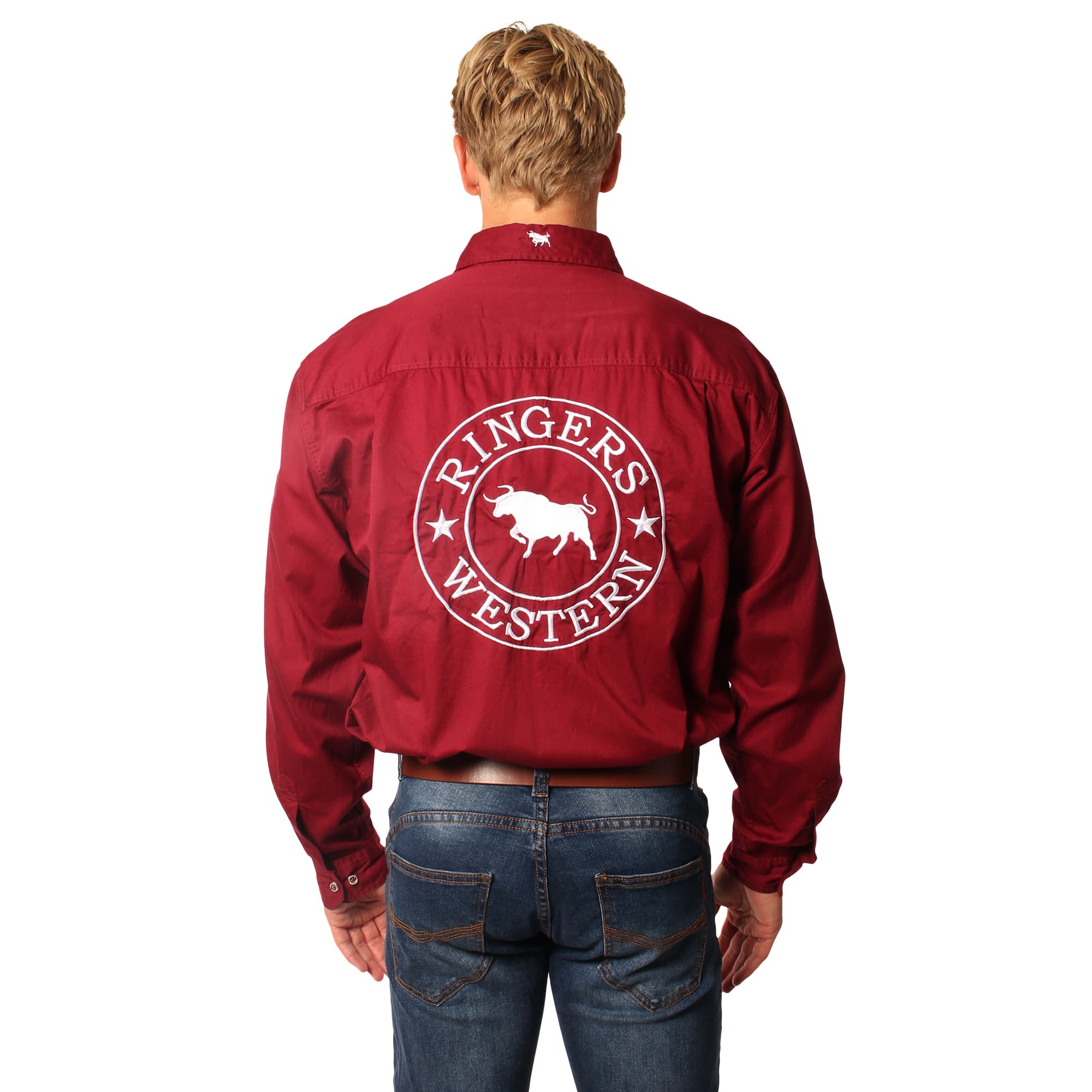 Hawkeye Mens Full Button Work Shirt - Burgundy/White