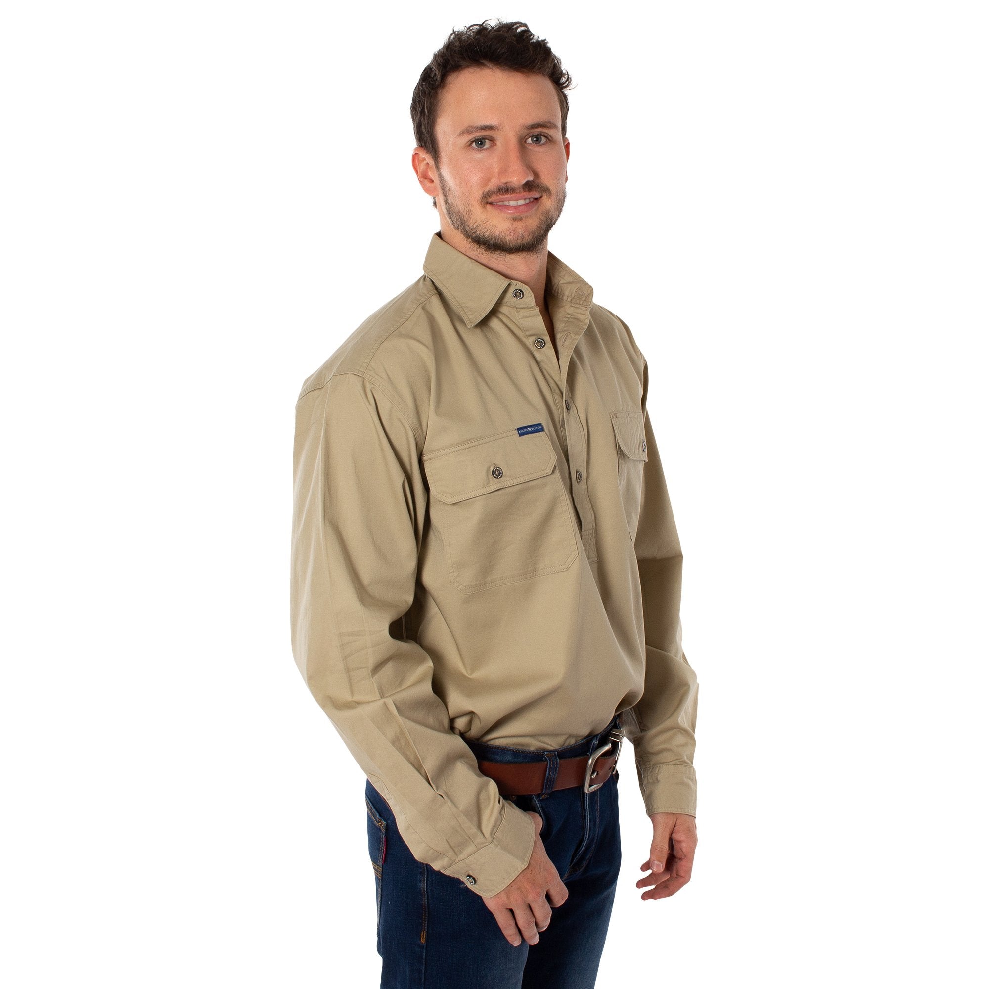 King River Mens Half Button Work Shirt - Camel - Ringers Western Toowoomba