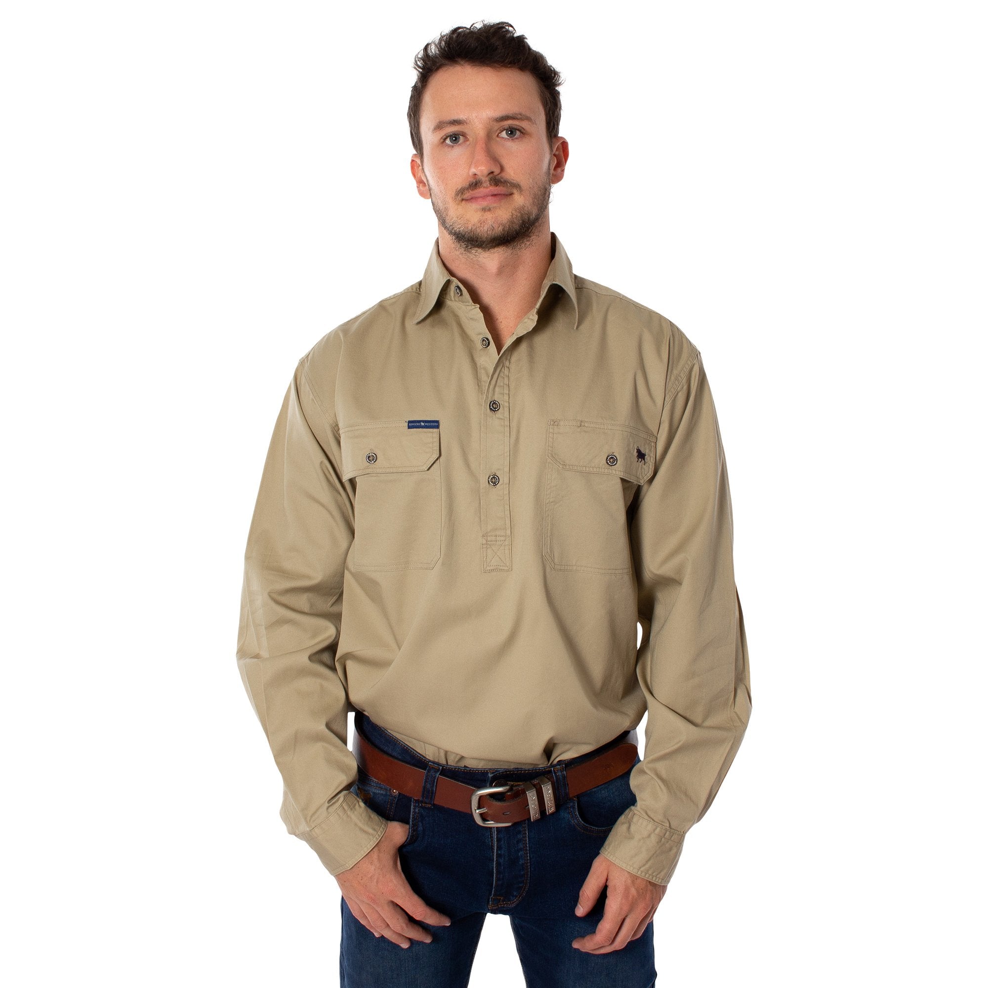 King River Mens Half Button Work Shirt - Camel - Ringers Western Toowoomba