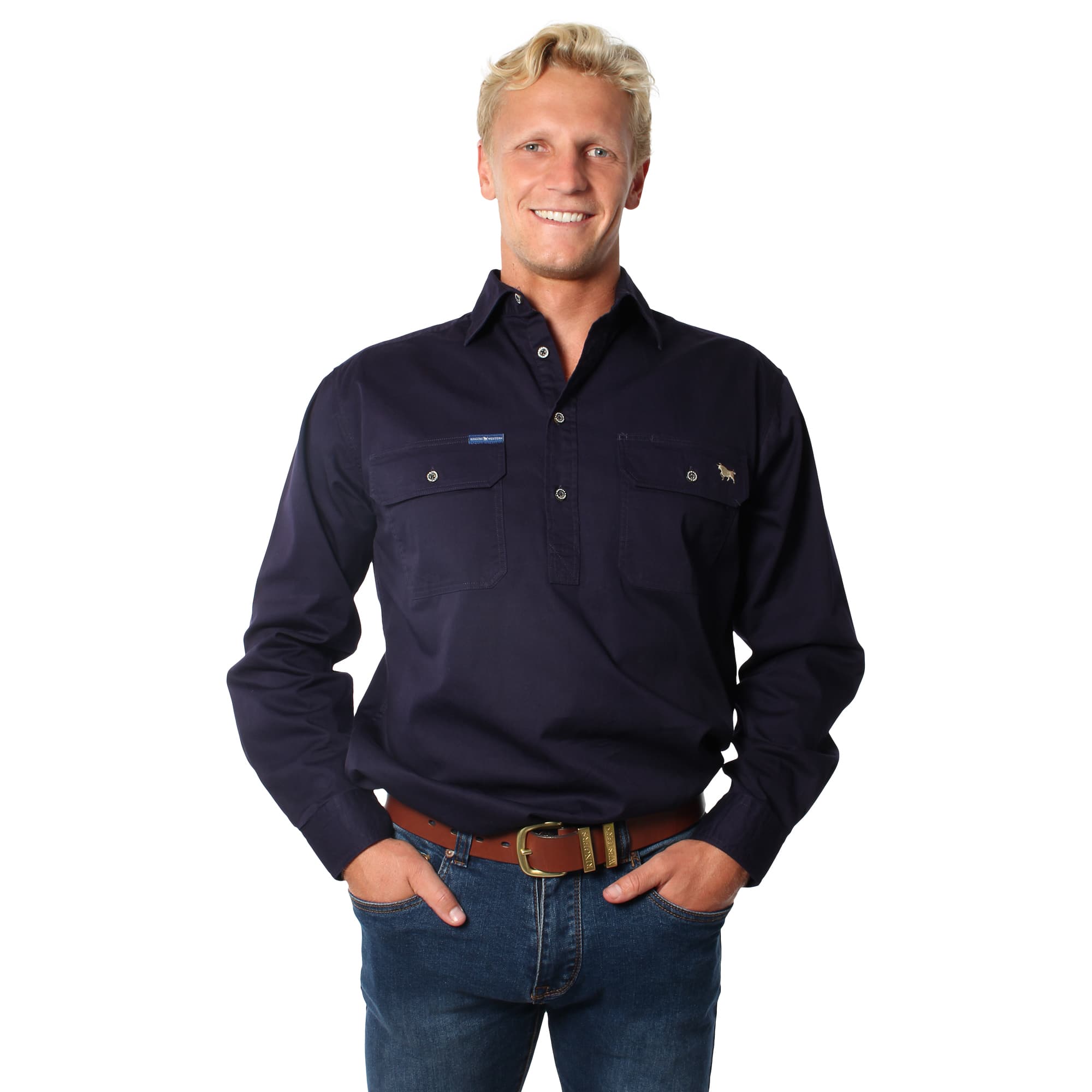 King River Half Button Work Shirt - Dark Navy - Ringers Western Toowoomba