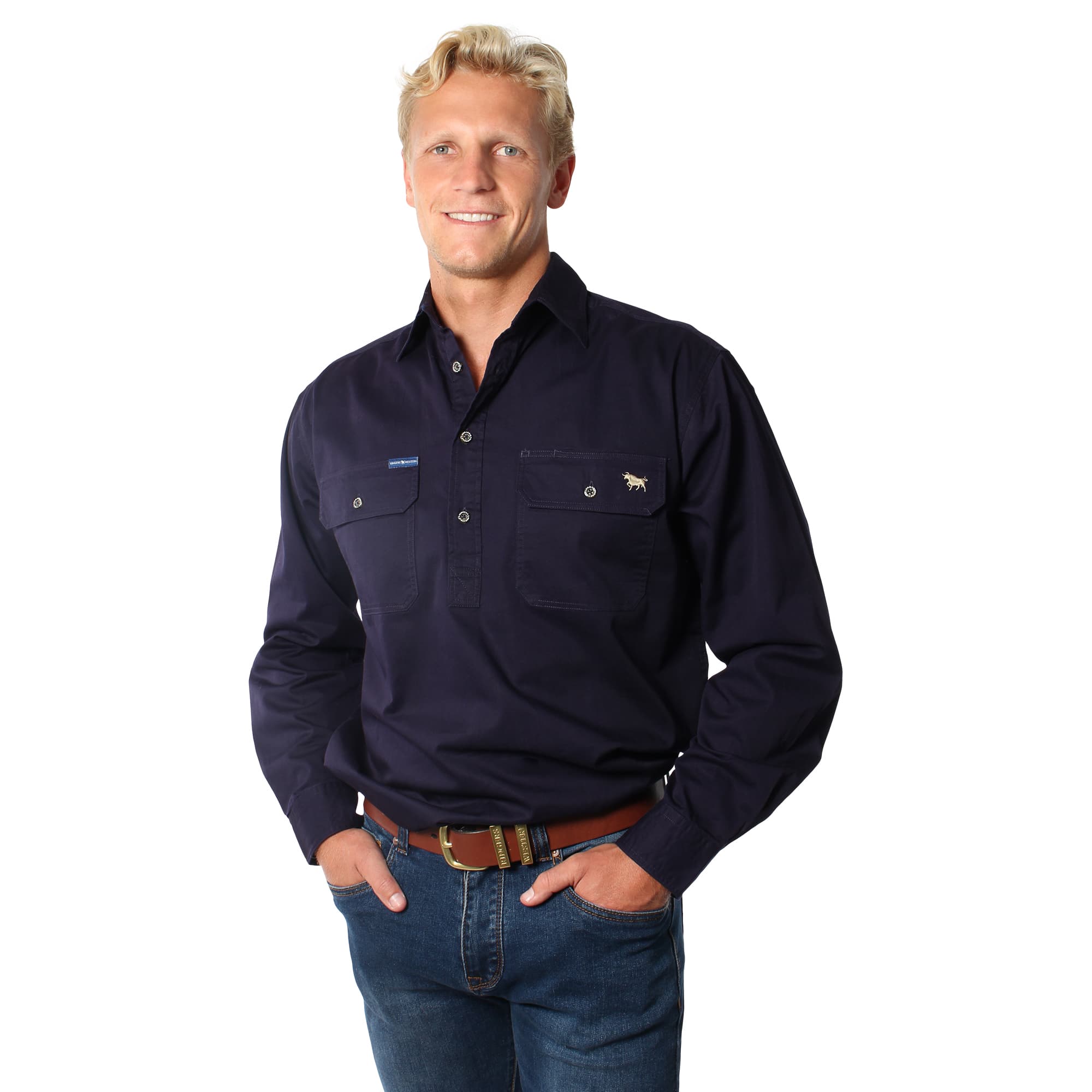 King River Half Button Work Shirt - Dark Navy - Ringers Western Toowoomba